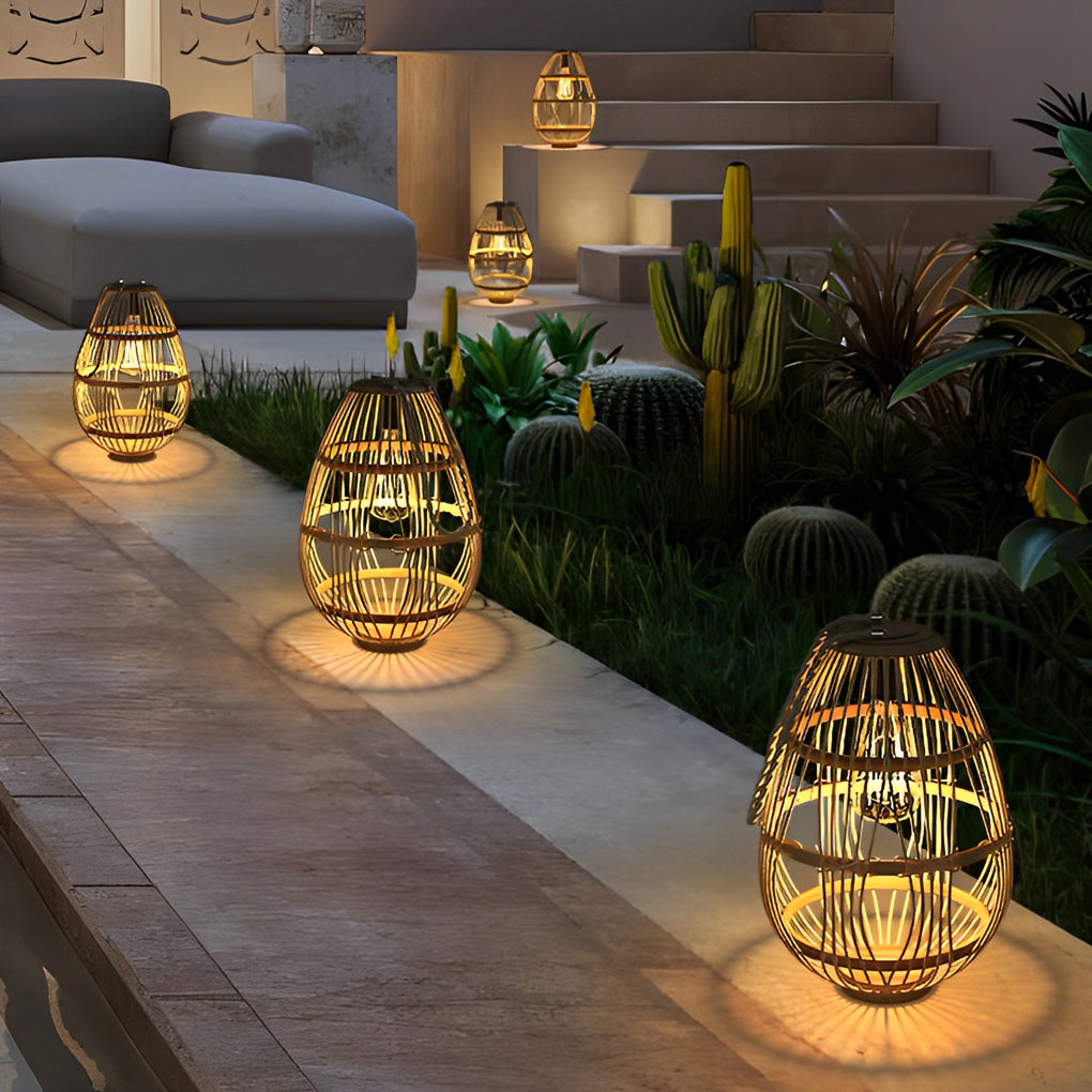Portable Rattan Wood LED Waterproof Contemporary Solar Garden Lights Lawn Lamp, Outdoor Wall Light, H 9in