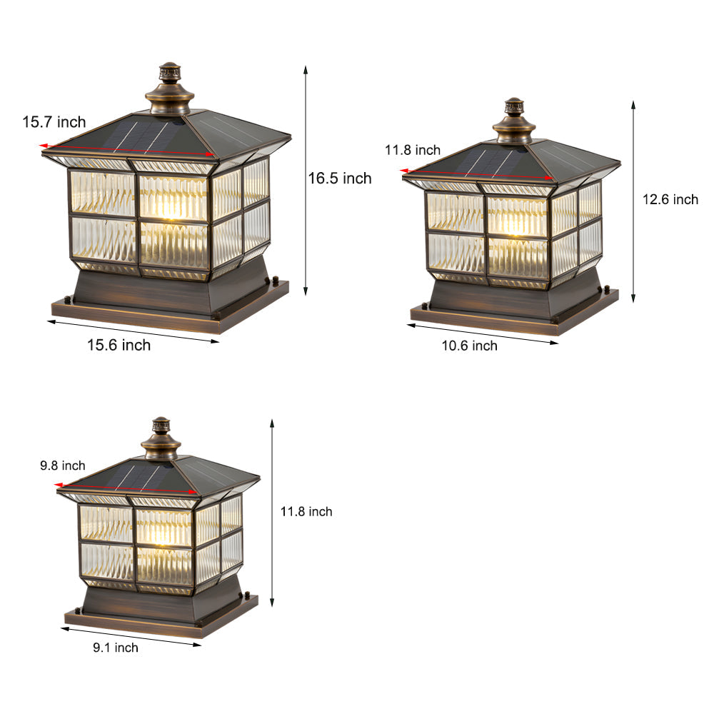 Glass Square Bronze Hardwired/Solar Pillar Lamp Fence Post Light with 3 Step Dimming, Outdoor Wall Light, detail 6
