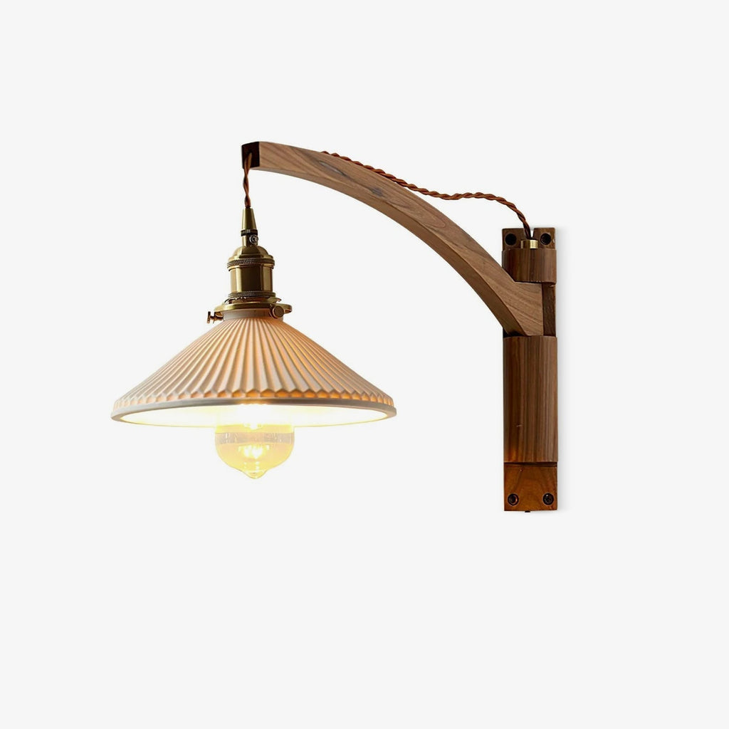 Pivot Arm Walnut Wall Light, Plug-In Wall Sconce, Dia 22cm x H 9cm