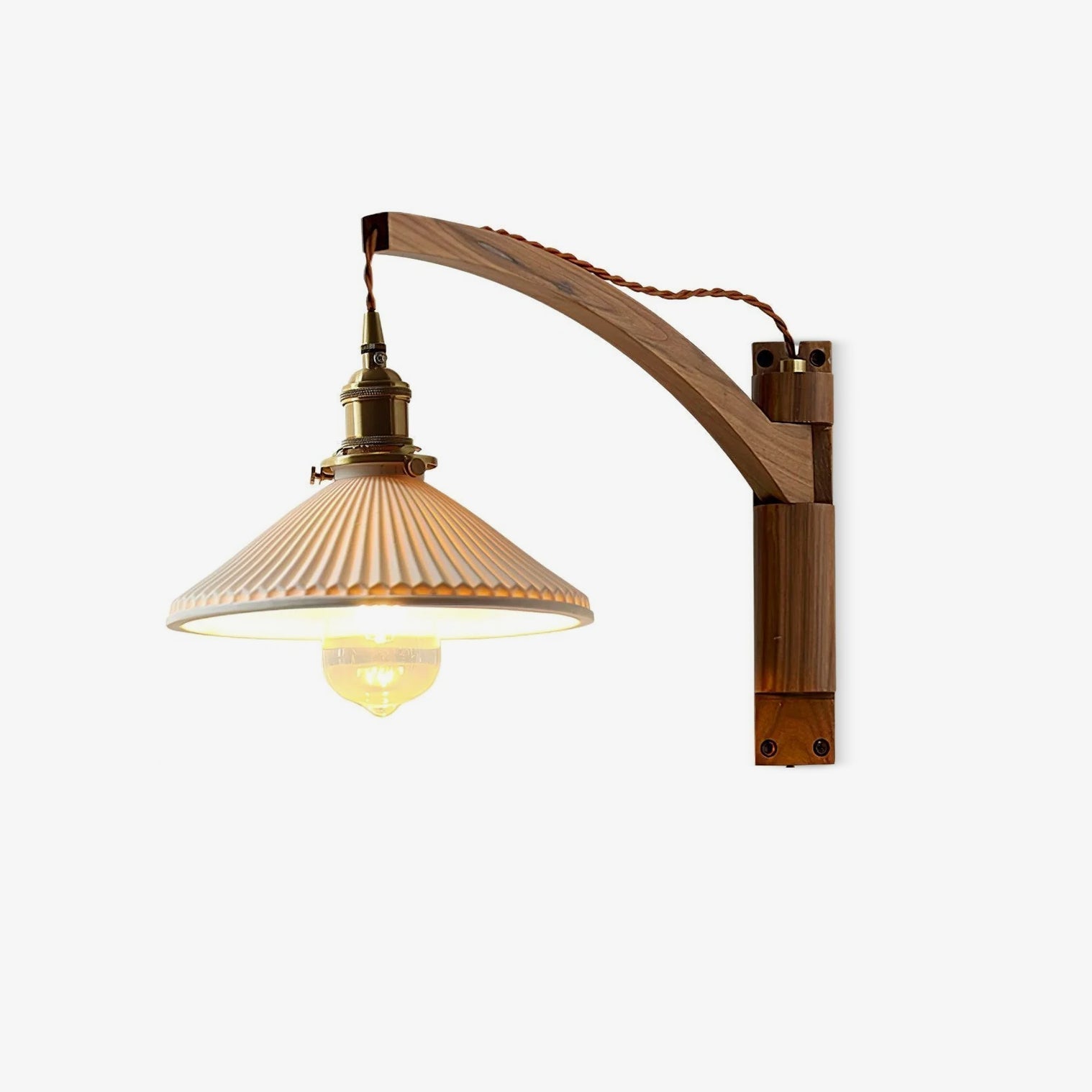 Pivot Arm Walnut Wall Light, Plug-In Wall Sconce, Dia 22cm x H 9cm