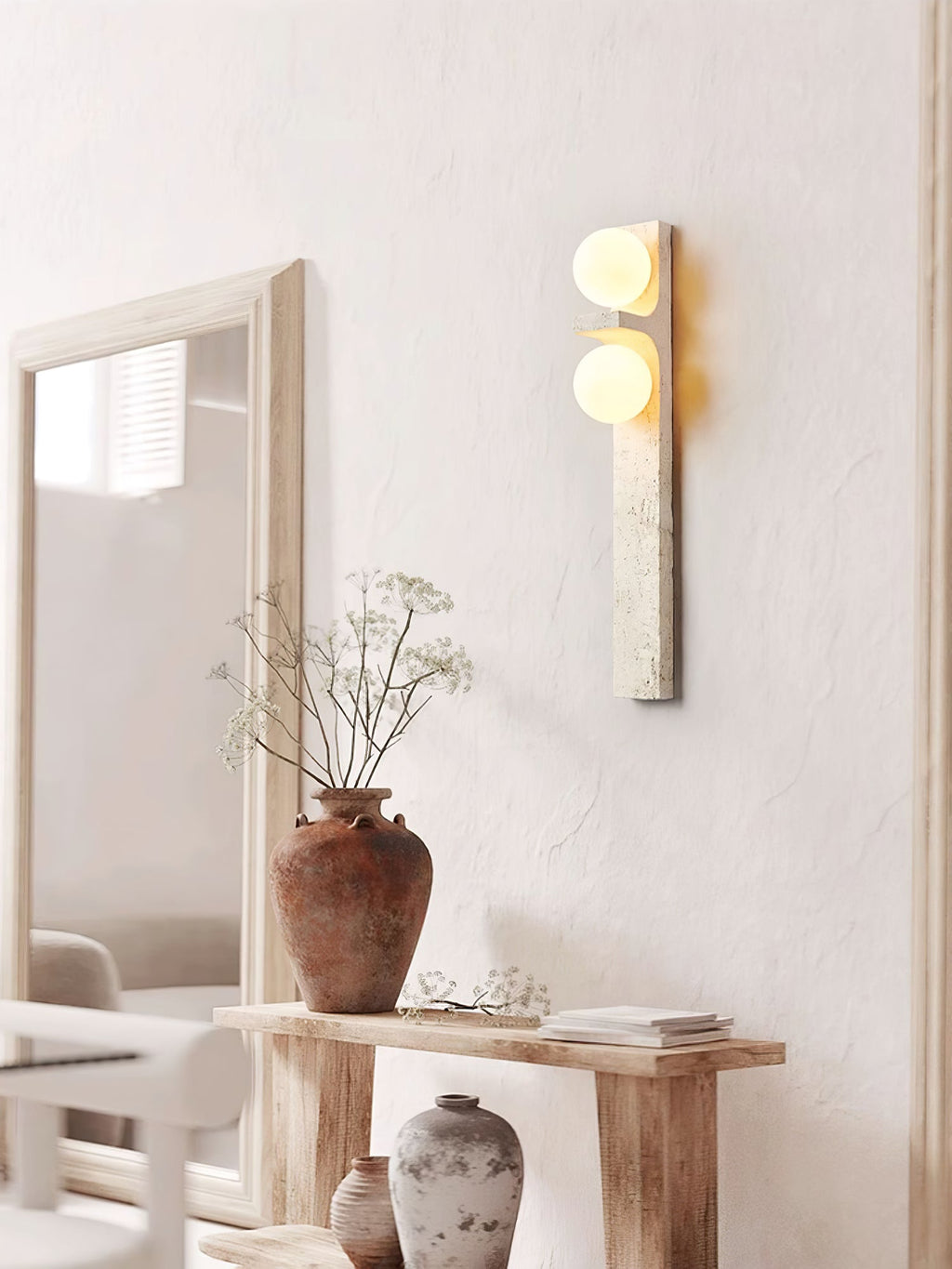 Asymmetrical Travertine Wall Light, Hardwired Wall Sconce, detail 4