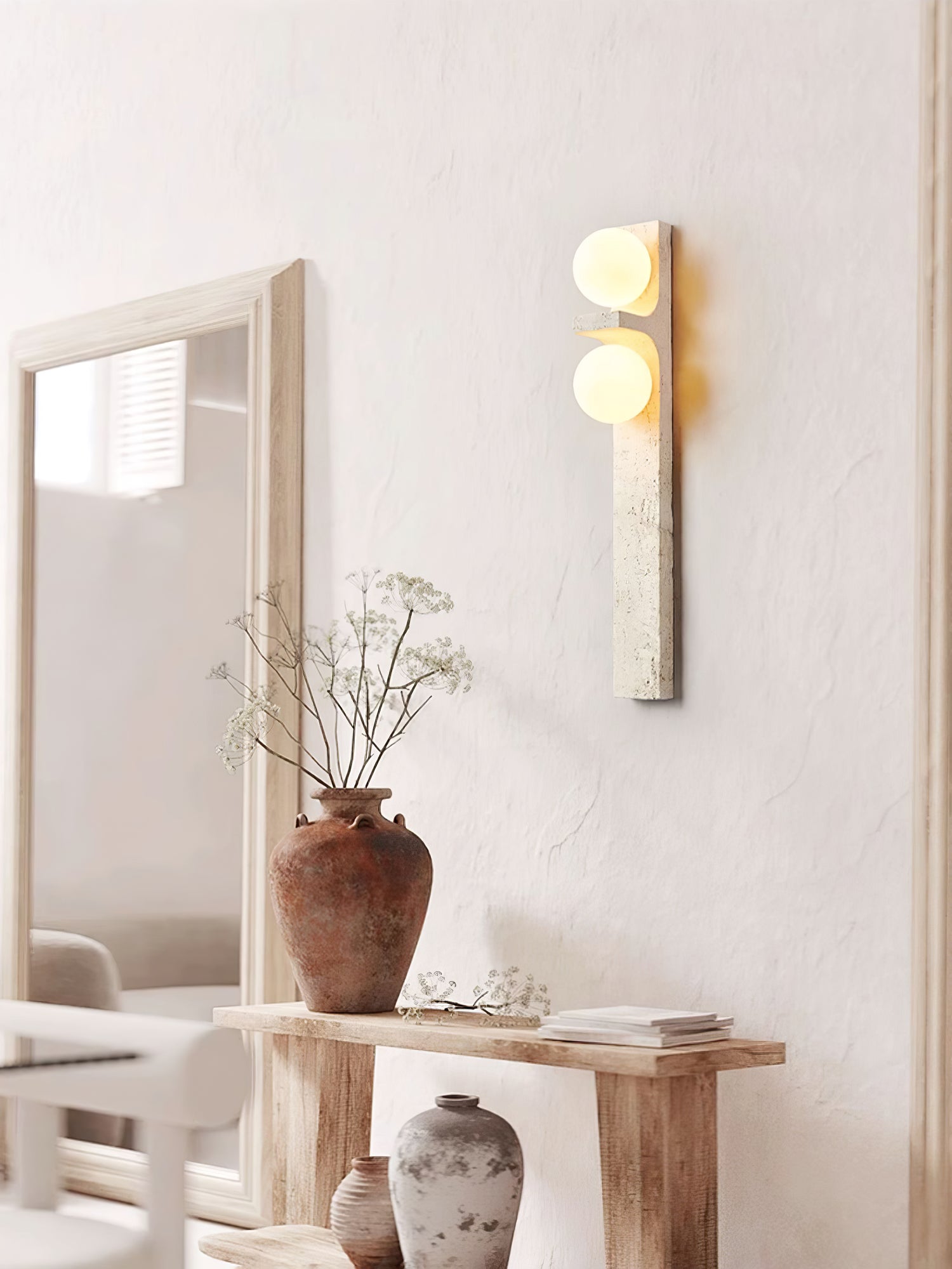 Asymmetrical Travertine Wall Light, Hardwired Wall Sconce, detail 4
