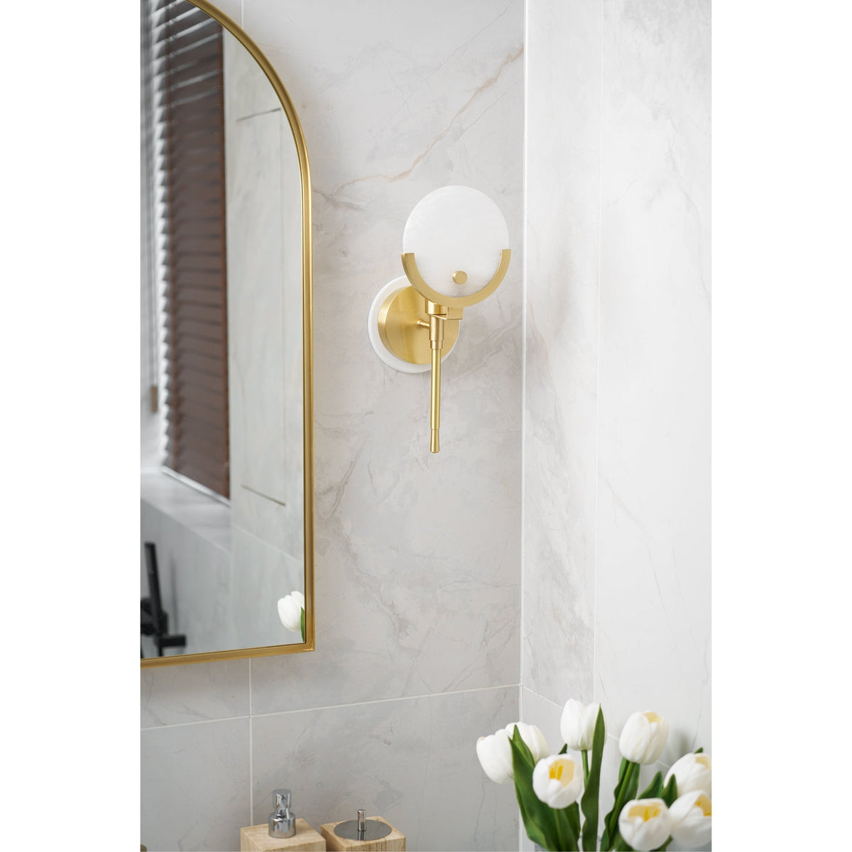 Ava Brass Alabaster Wall Light, Hardwired Wall Sconce, detail 26