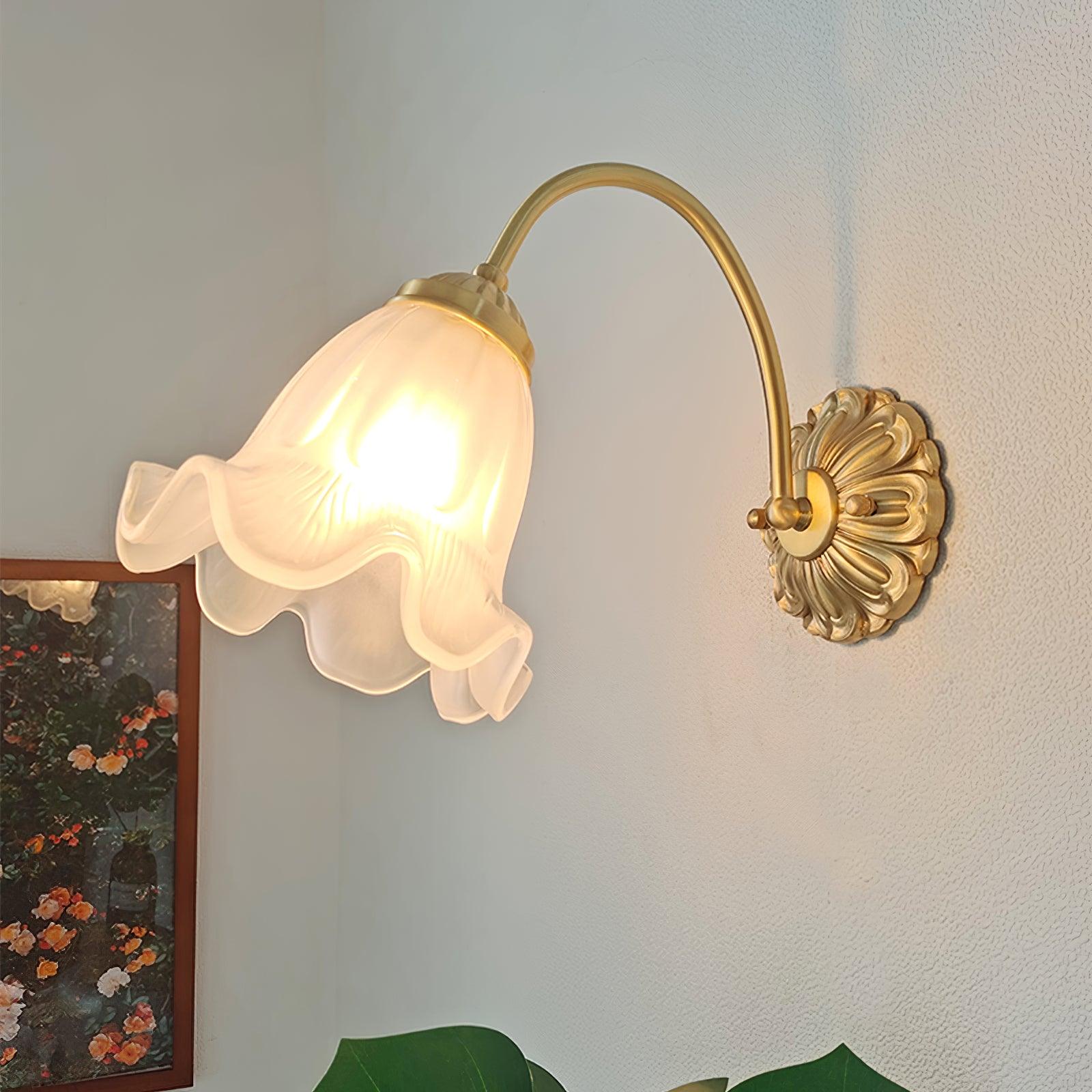 Brass Floral Glass Wall Light, Hardwired Wall Sconce, detail 3