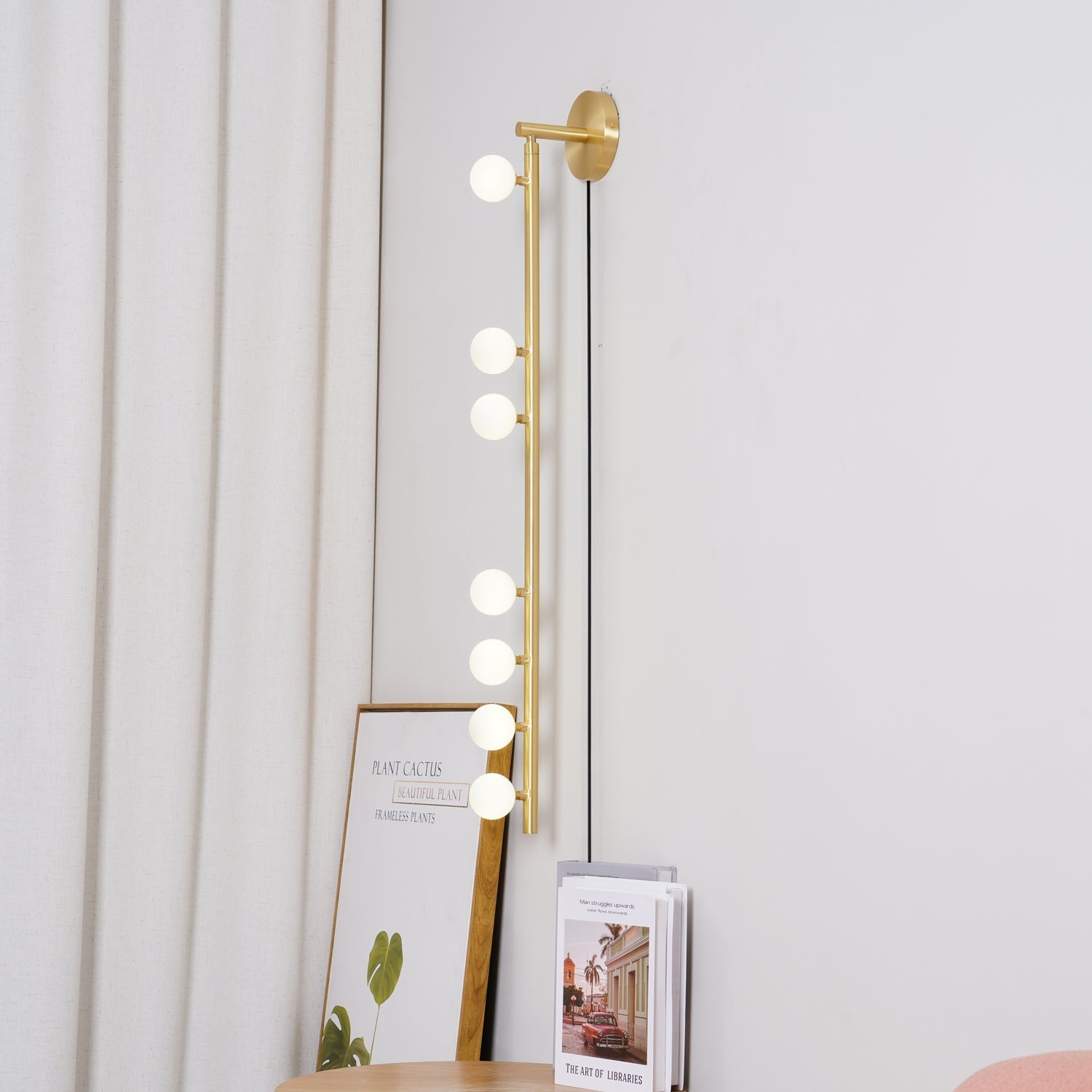 Brass Glass Tube Plug-In Wall Light, Plug-In Wall Sconce, detail 2