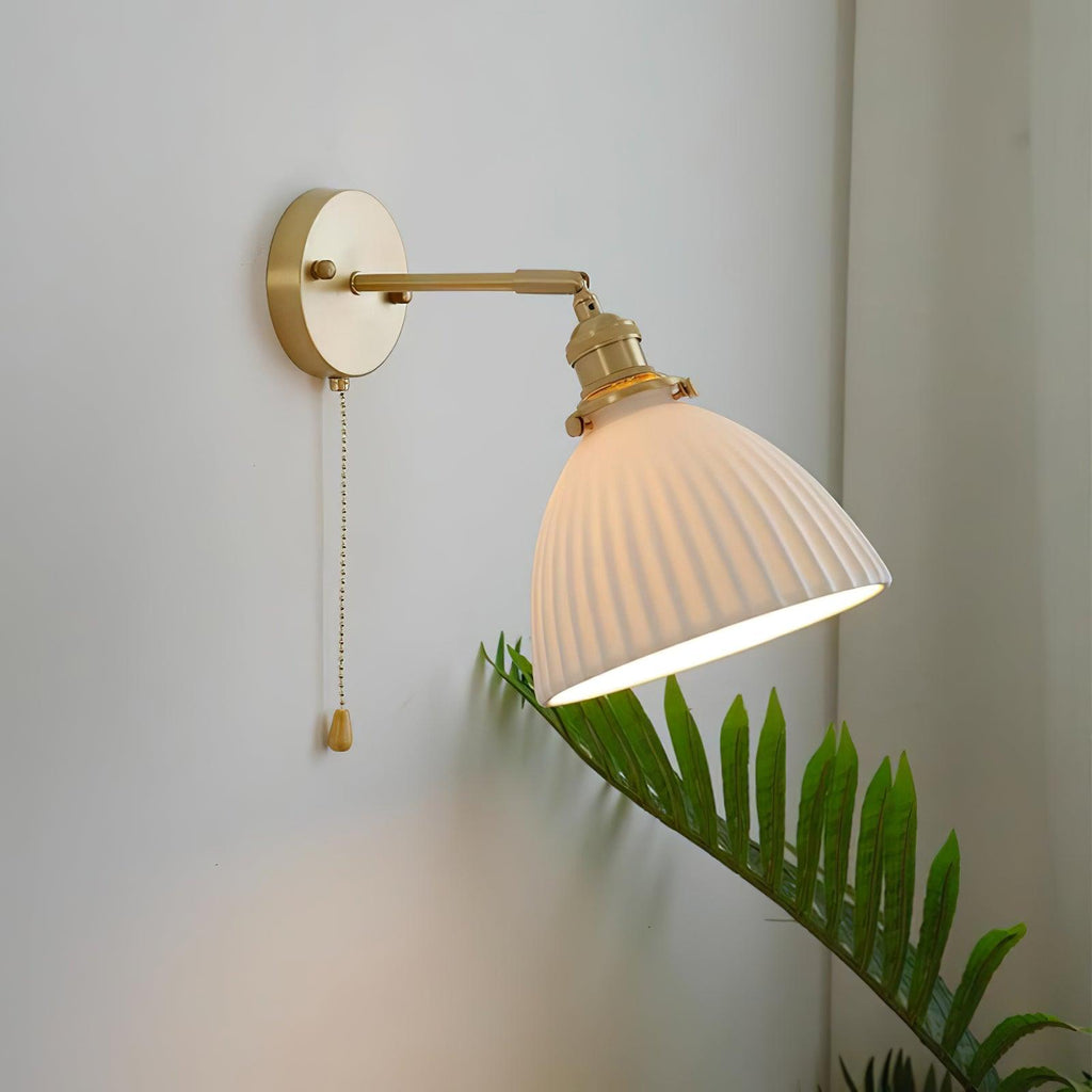Brass Pleated Ceramic Wall Light, Hardwired Wall Sconce, detail 3