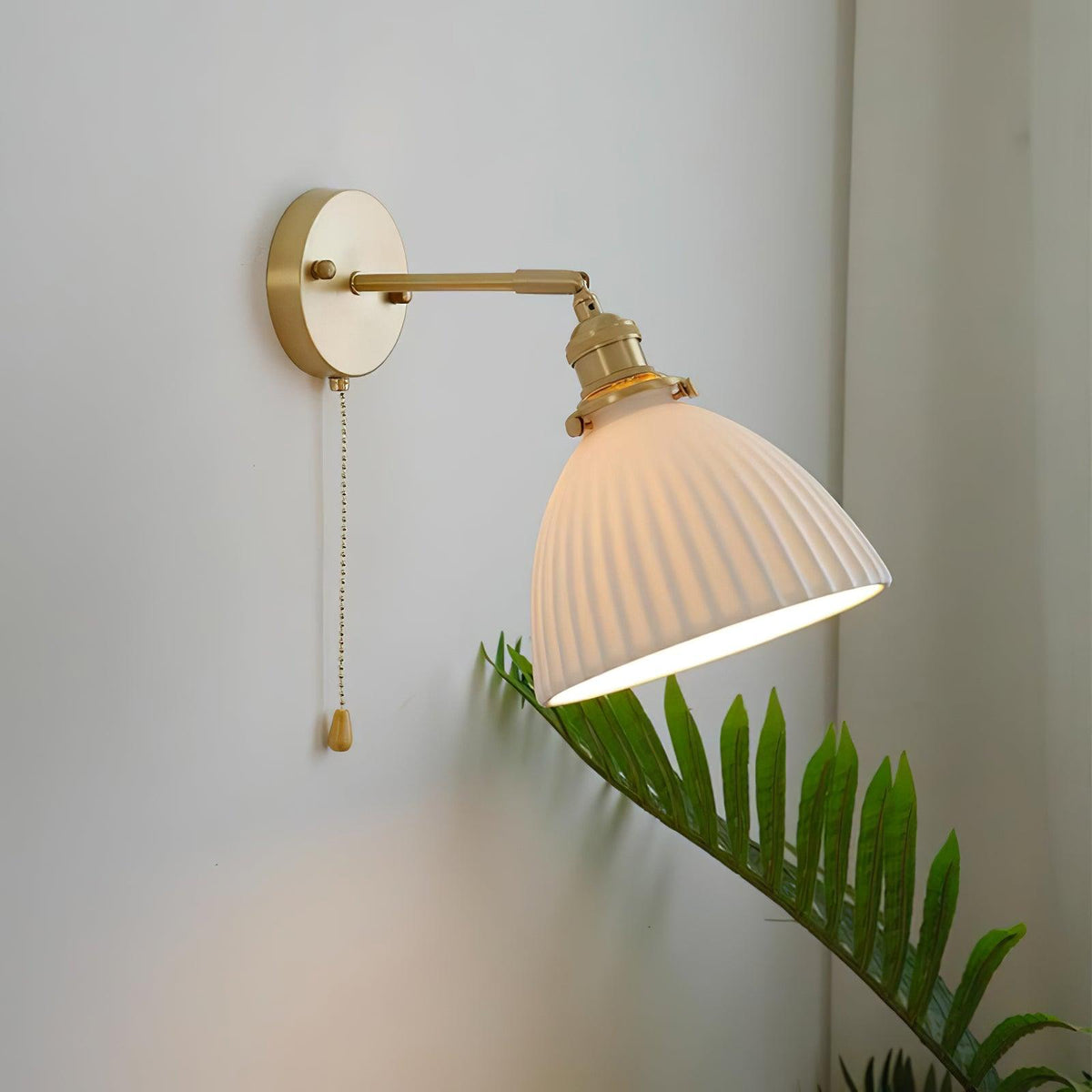 Brass Pleated Ceramic Wall Light, Hardwired Wall Sconce, detail 3