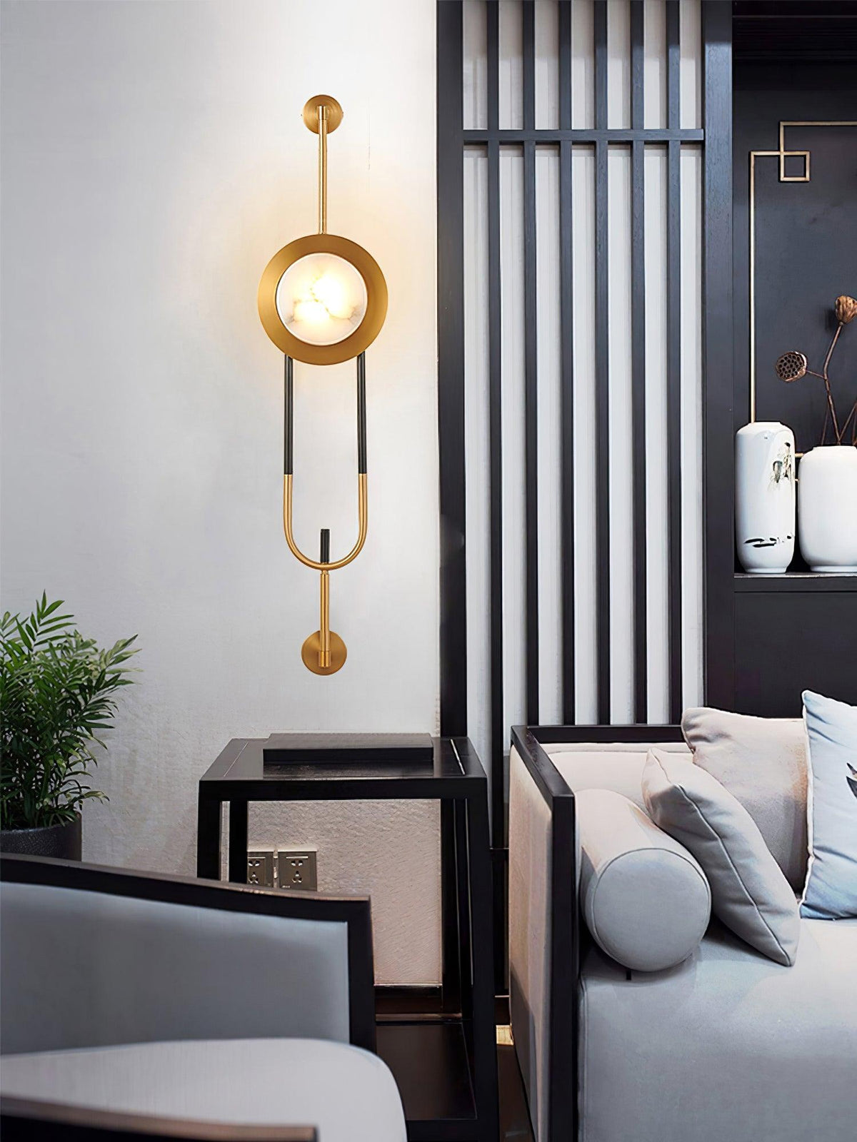 Circular Marble Wall Light - Dia 20cm x H 56cm Metal, Hardwired Wall Sconce, detail 7