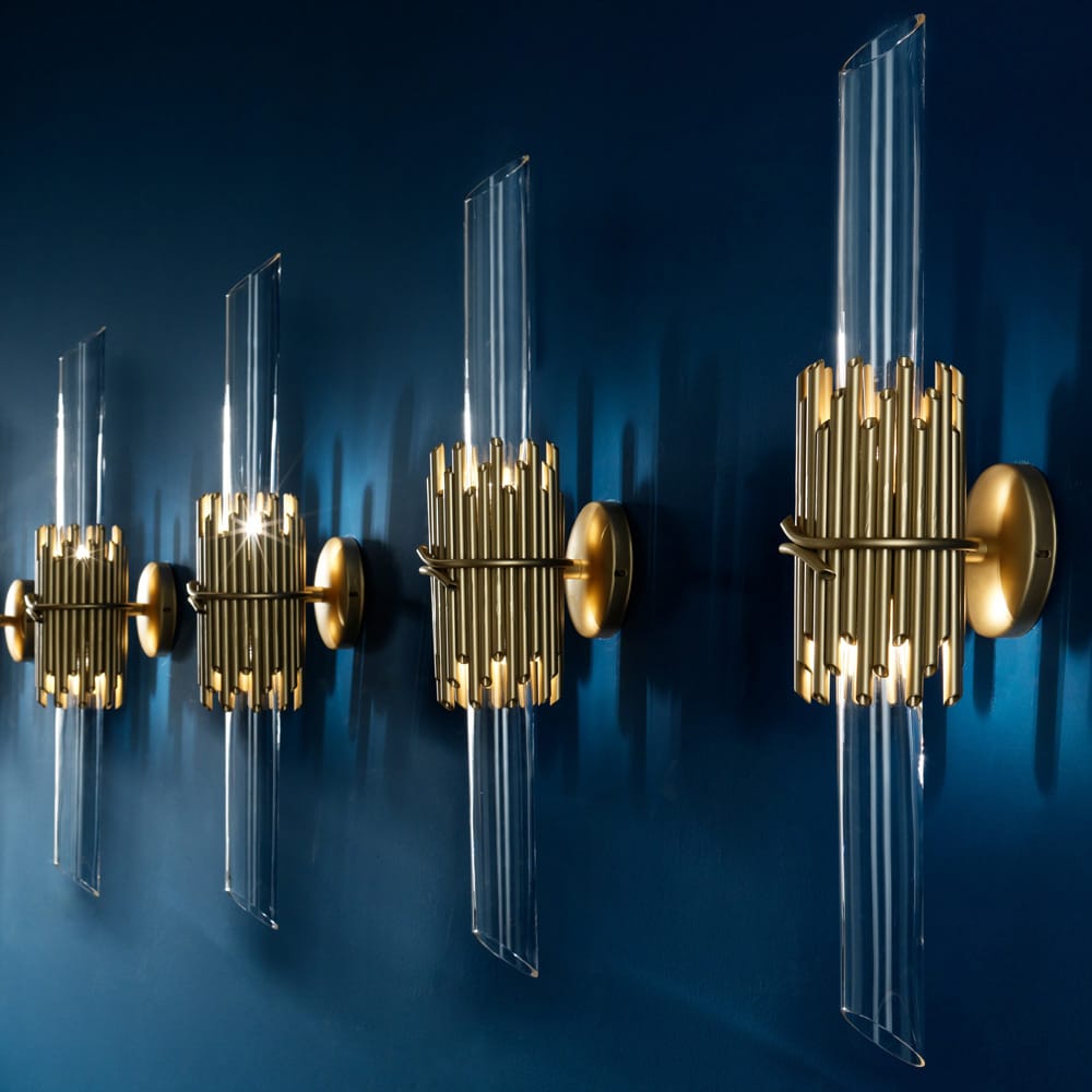 Designer Antiqued Brass Italian Wall Fixture With Glass Cylinder, Wall Sconce, Height 74 cm