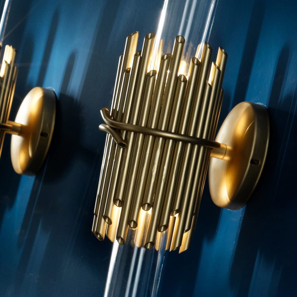 Designer Antiqued Brass Italian Wall Fixture With Glass Cylinder, Wall Sconce, detail 3