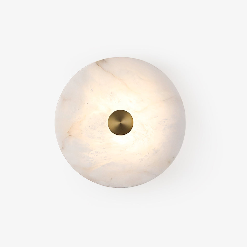 Disc Shaped Alabaster Wall Light, Hardwired Wall Sconce, Brass, Dia 20cm x H 7cm