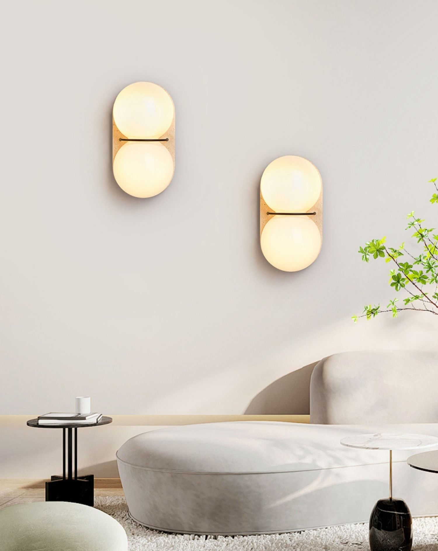 Double Globe Travertine Wall Light, Hardwired Wall Sconce, detail 2