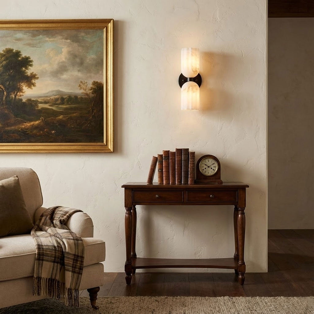 Dual Alabaster Ribbed Wall Light, Hardwired Wall Sconce, detail 6