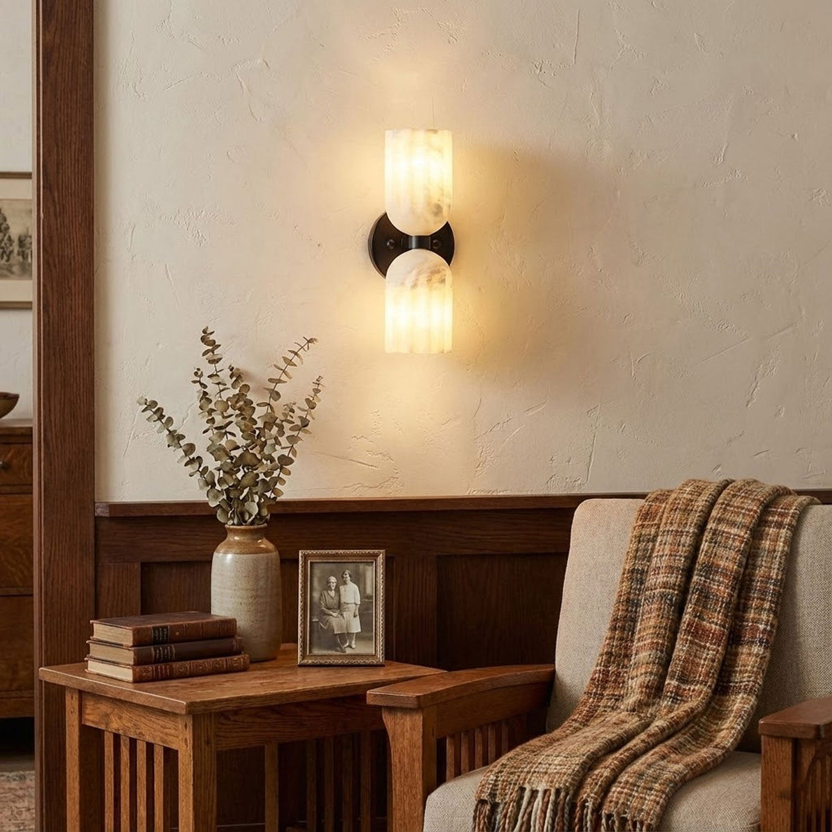 Dual Alabaster Ribbed Wall Light, Hardwired Wall Sconce, detail 2