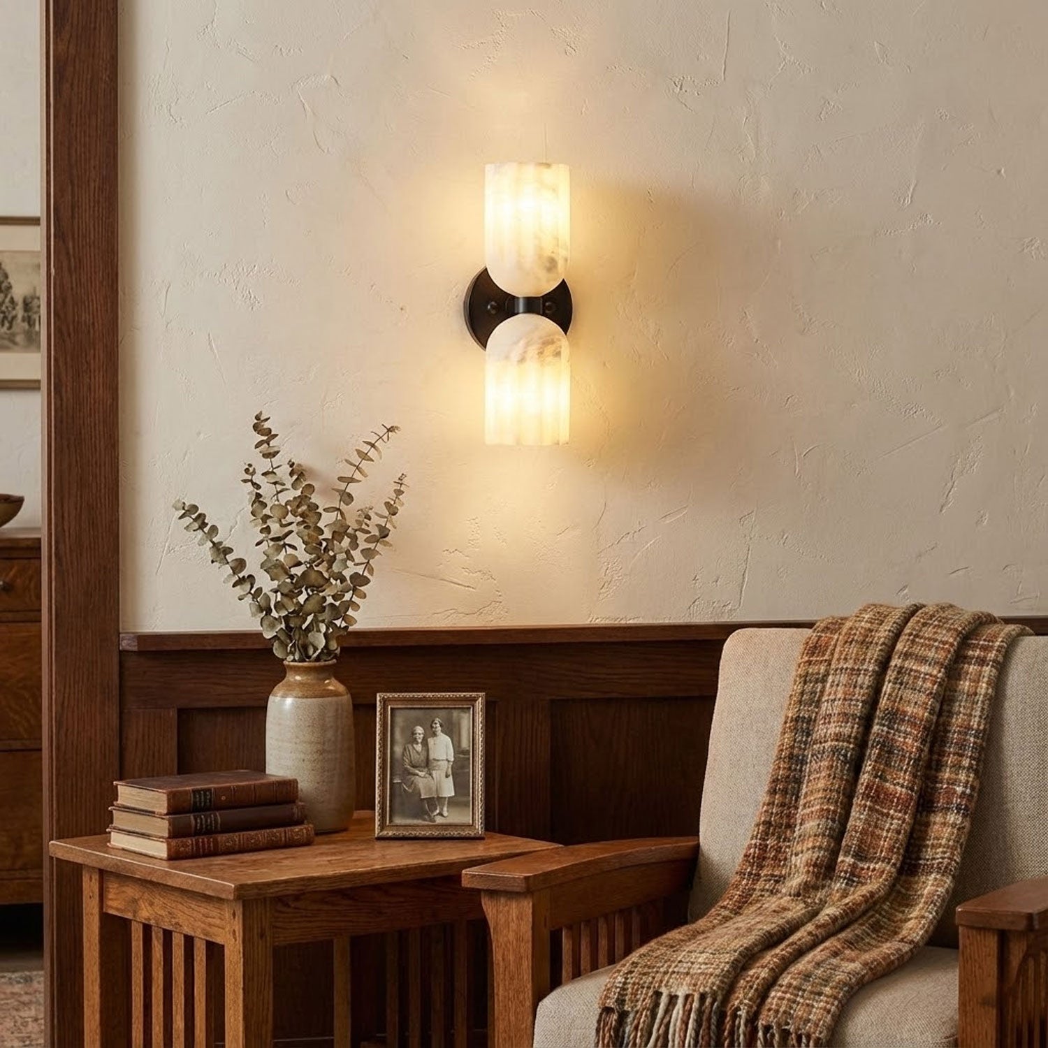 Dual Alabaster Ribbed Wall Light, Hardwired Wall Sconce, detail 2