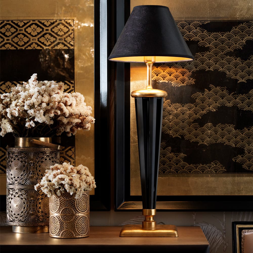 Exclusive Black And Gold Leaf Italian Table Light, Bedside Table Lamp, Height 87 cm