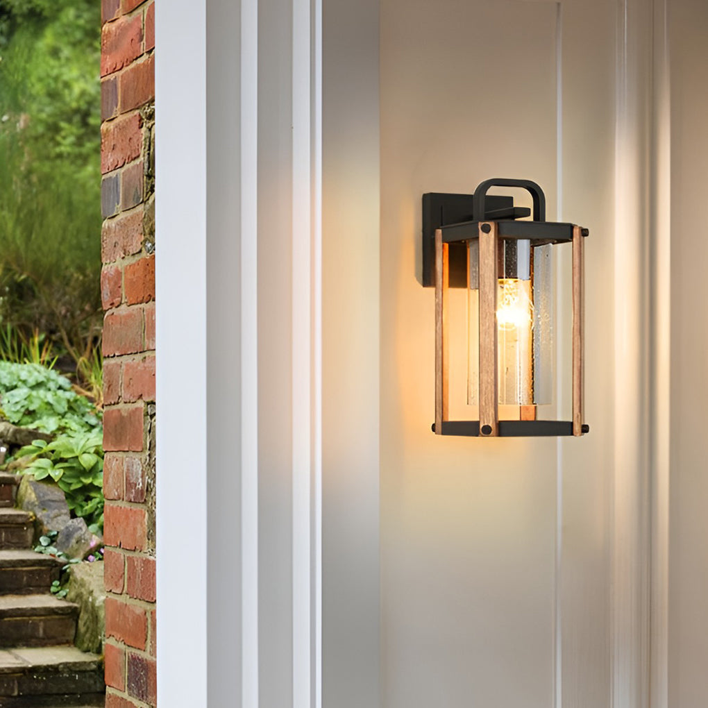 Lantern Shaped Waterproof Glass Black Industrial Exterior Wall Light Lighting, Outdoor Wall Light, Die-cast Aluminum, W 6in x H 11in