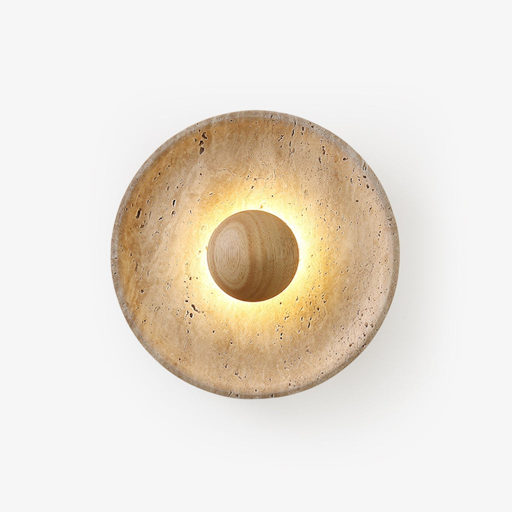 Halo Travertine Wall Light, Hardwired Wall Sconce, Yellow Travertine, Dia 25cm x H 25cm