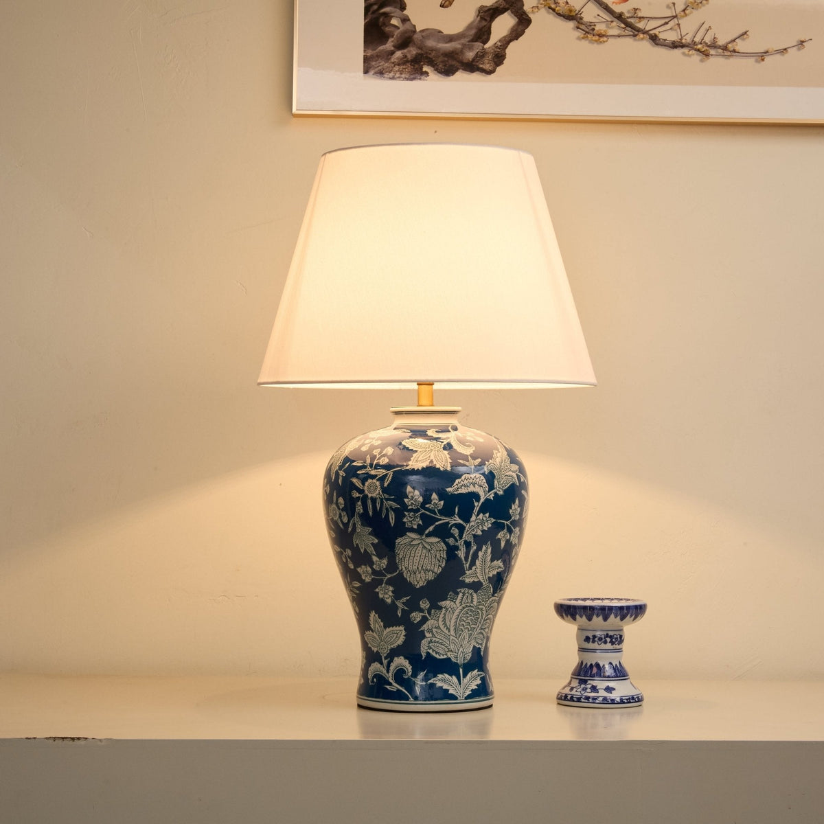 Indigo Floral Vine Ceramic Table Light, Bedside Table Lamp, detail 7