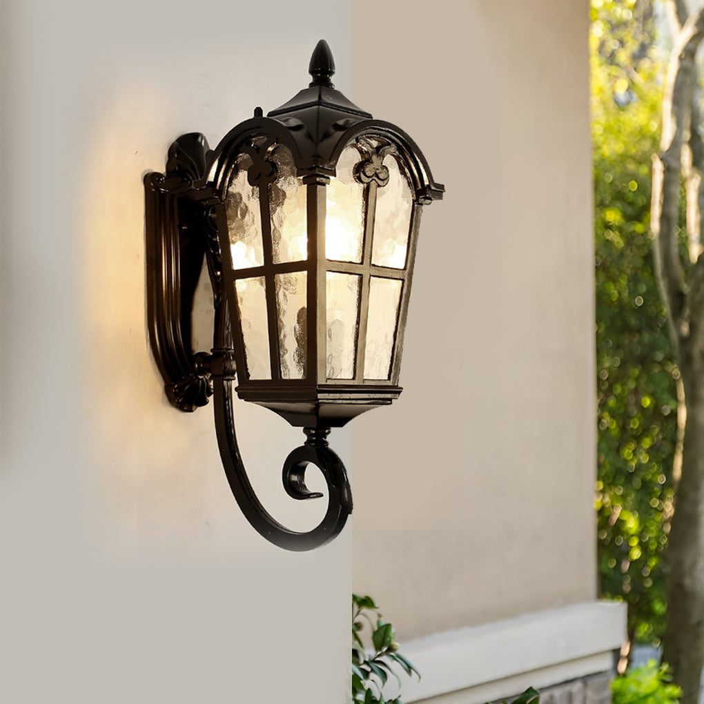 Waterproof Vintage Lantern Shaped Black Retro Exterior Plug-In Wall Light, Outdoor Wall Light, Aluminum, 18"