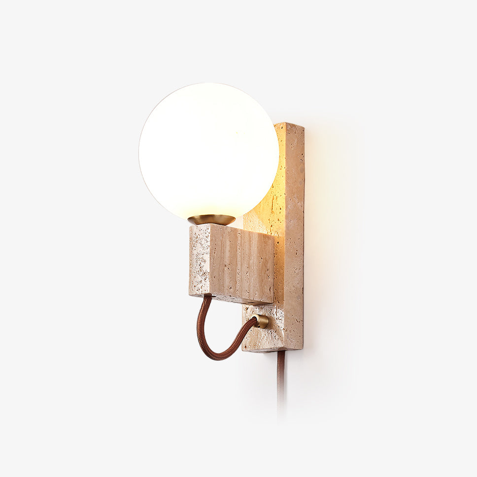 Atlas Globe Wall Light, Plug-In Wall Sconce, Travertine, Dia 6cm x H 23cm
