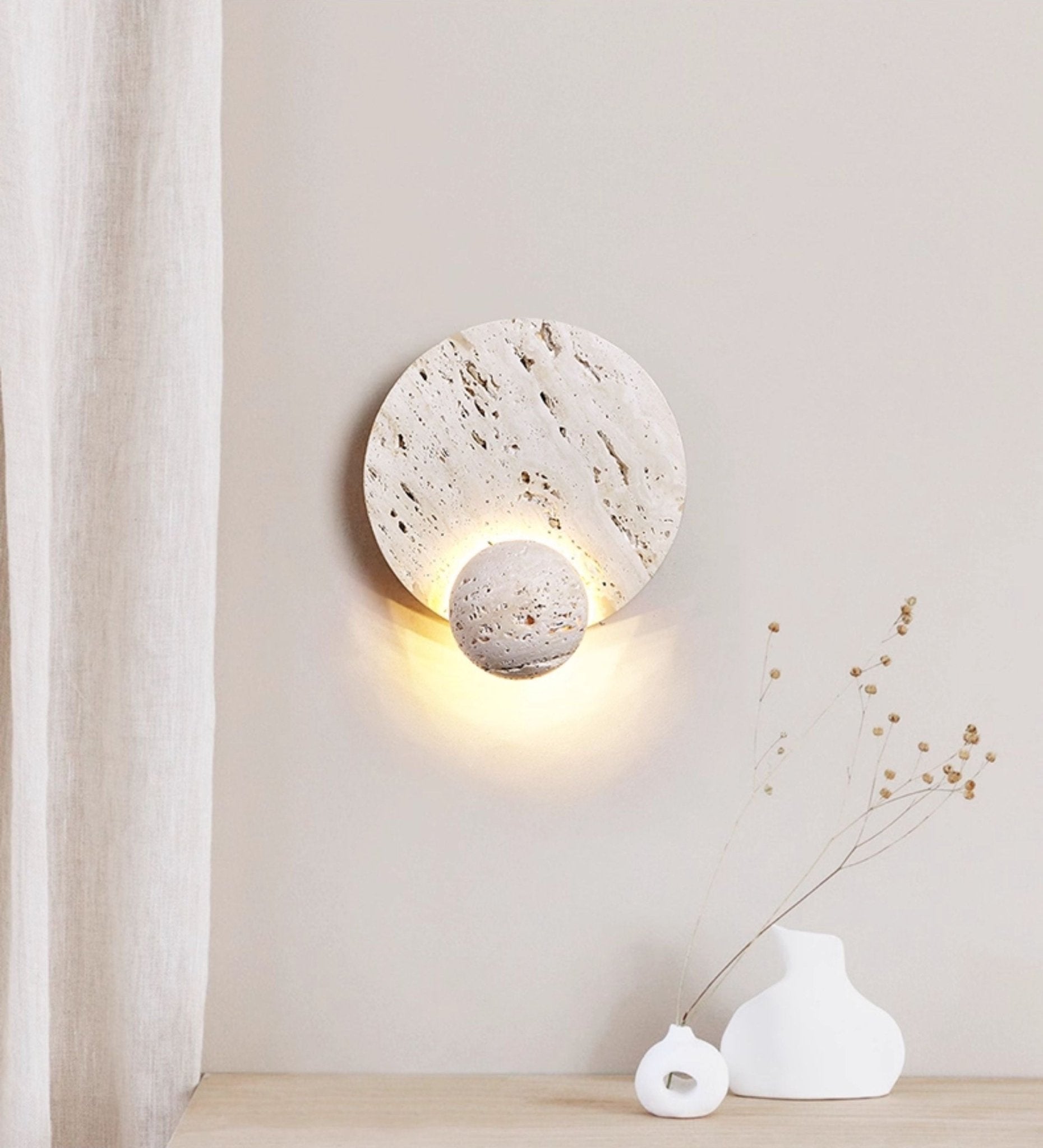 Luna Travertine Wall Light - Dia 22cm x H 26cm Metal, Hardwired Wall Sconce, detail 2