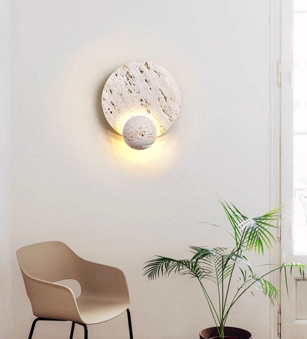 Luna Travertine Wall Light - Dia 22cm x H 26cm Metal, Hardwired Wall Sconce, detail 4