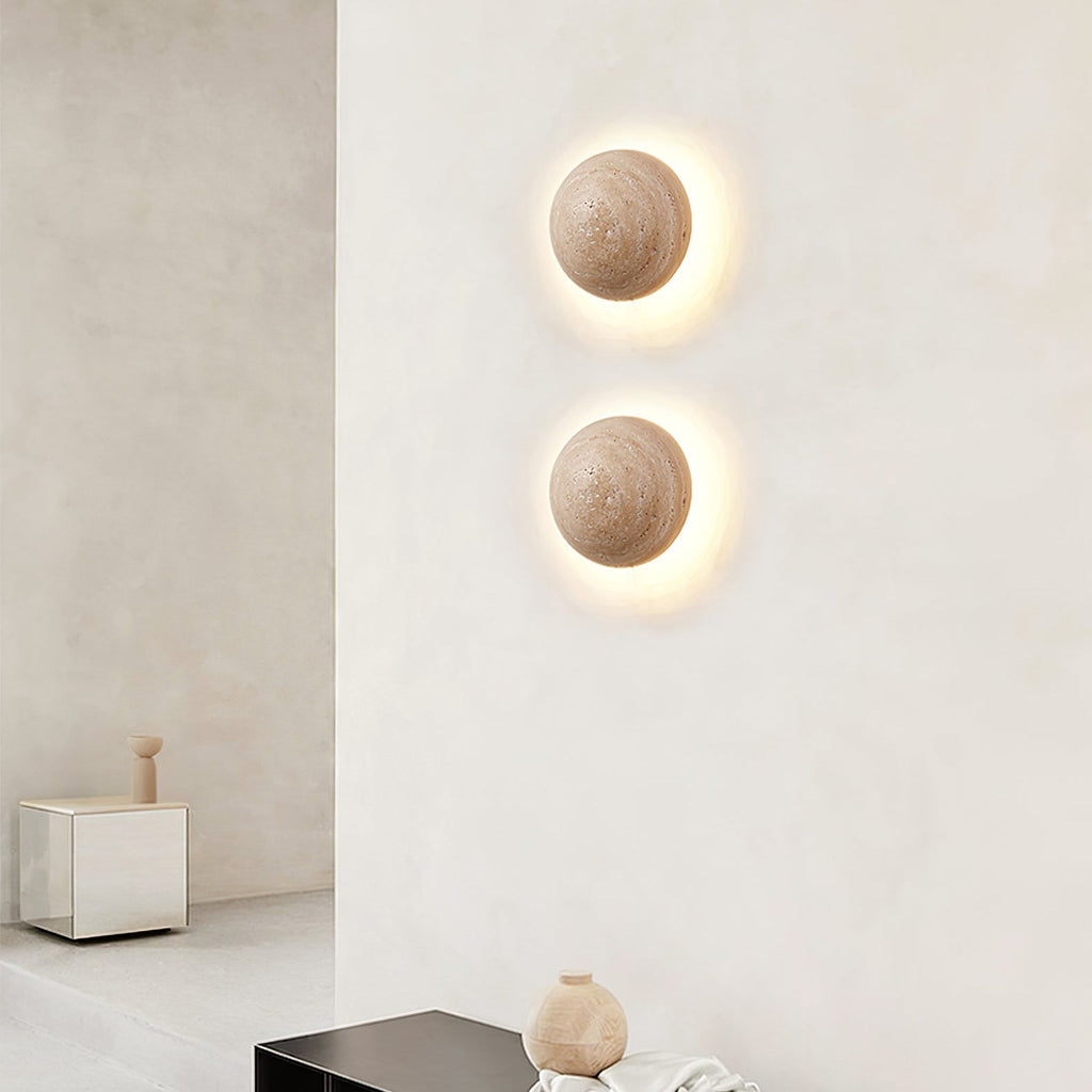 Luna Travertine Wall Light - Dia 15cm x H 15cm Yellow Travertine, Hardwired Wall Sconce, detail 2