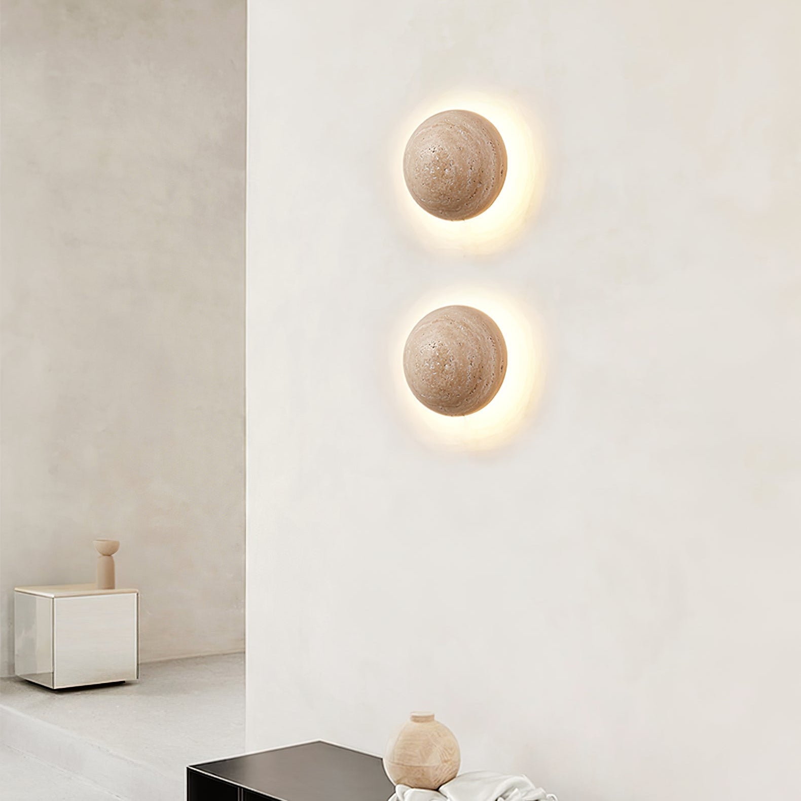 Luna Travertine Wall Light - Dia 15cm x H 15cm Yellow Travertine, Hardwired Wall Sconce, detail 2