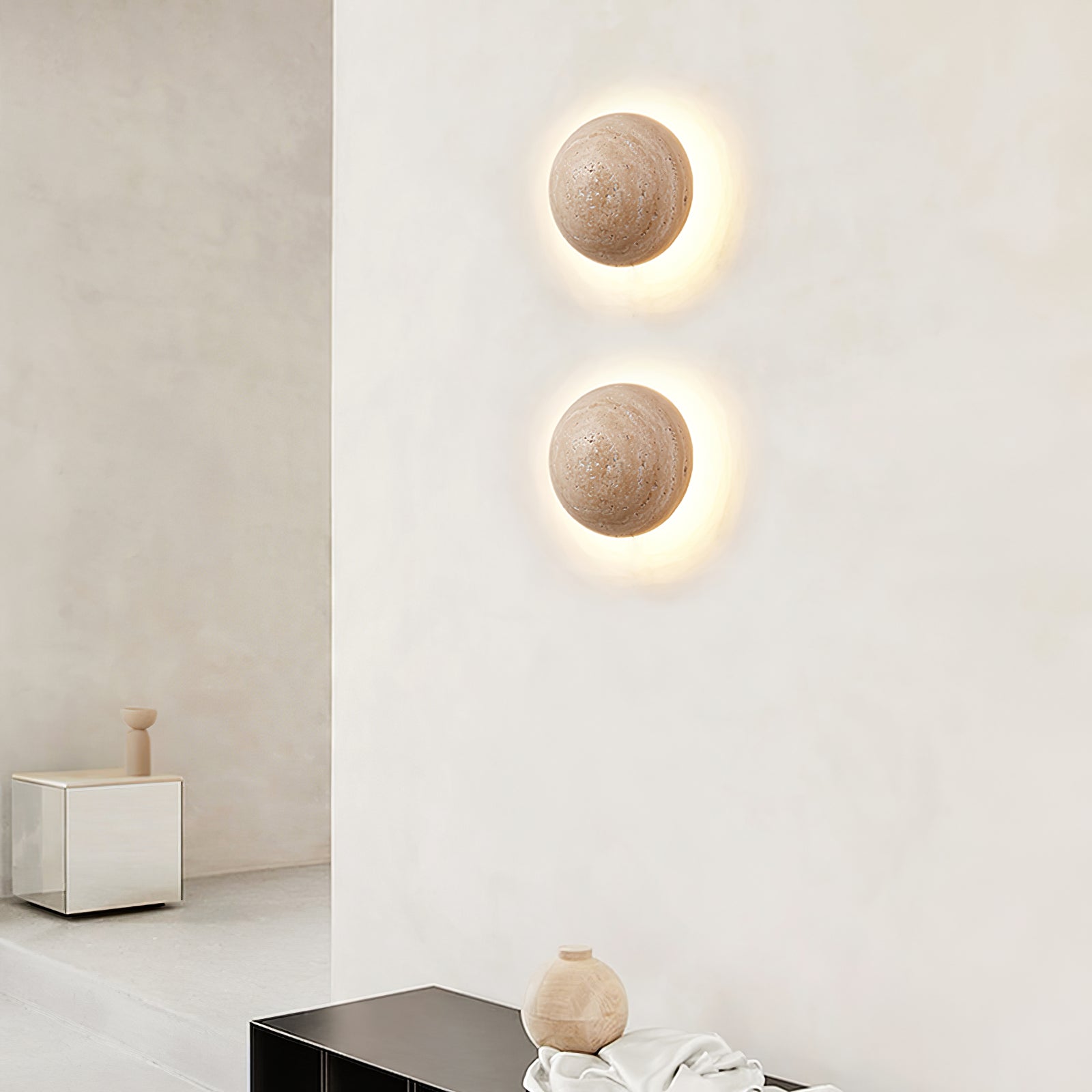 Luna Travertine Wall Light - Dia 15cm x H 15cm Yellow Travertine, Hardwired Wall Sconce, detail 14