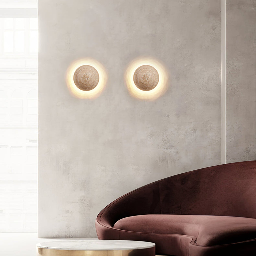 Luna Travertine Wall Light - Dia 15cm x H 15cm Yellow Travertine, Hardwired Wall Sconce, detail 8