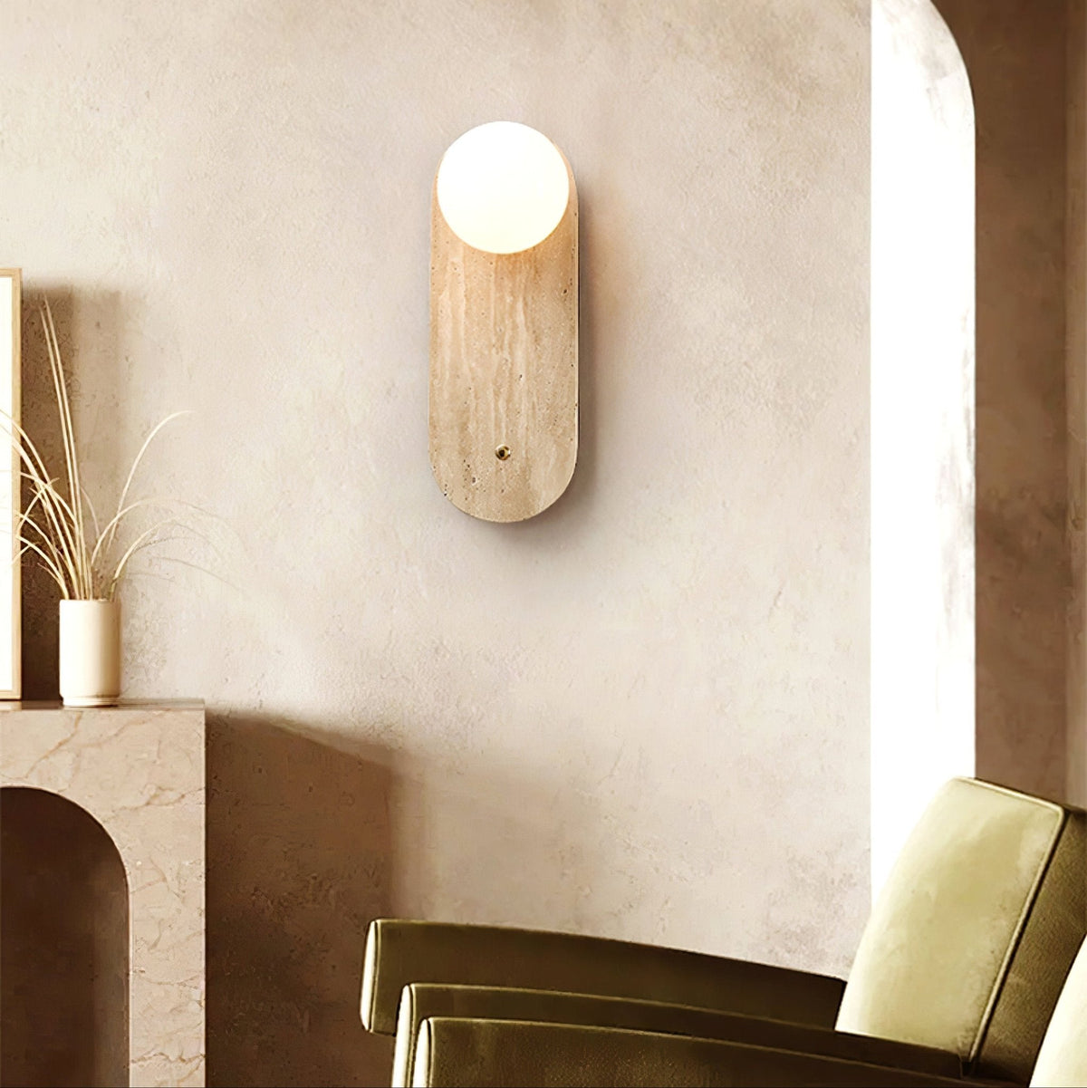 Luna Travertine Wall Light - Dia 14cm x H 38cm Yellow Travertine, Hardwired Wall Sconce, detail 4