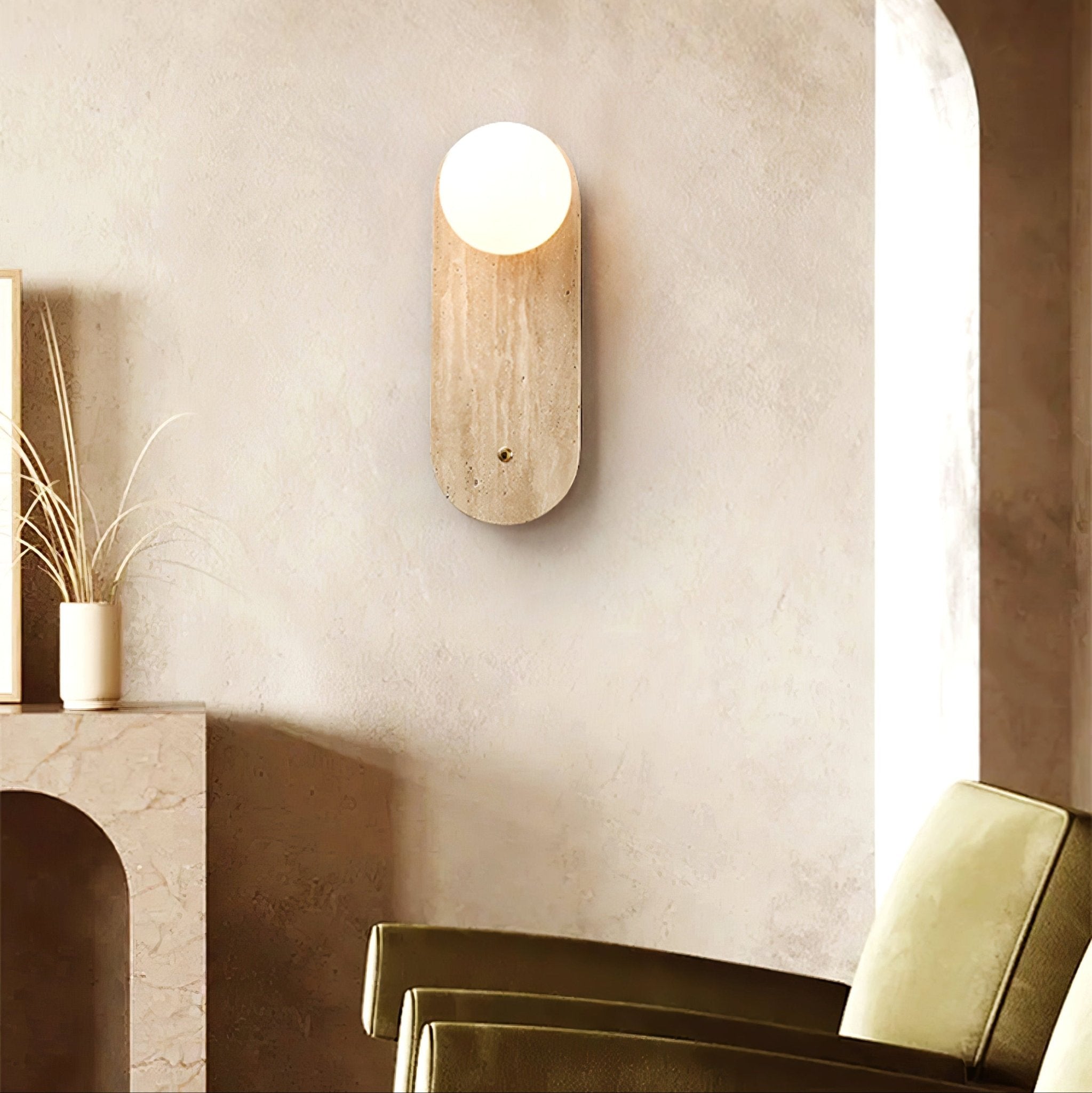 Luna Travertine Wall Light - Dia 14cm x H 38cm Yellow Travertine, Hardwired Wall Sconce, detail 4
