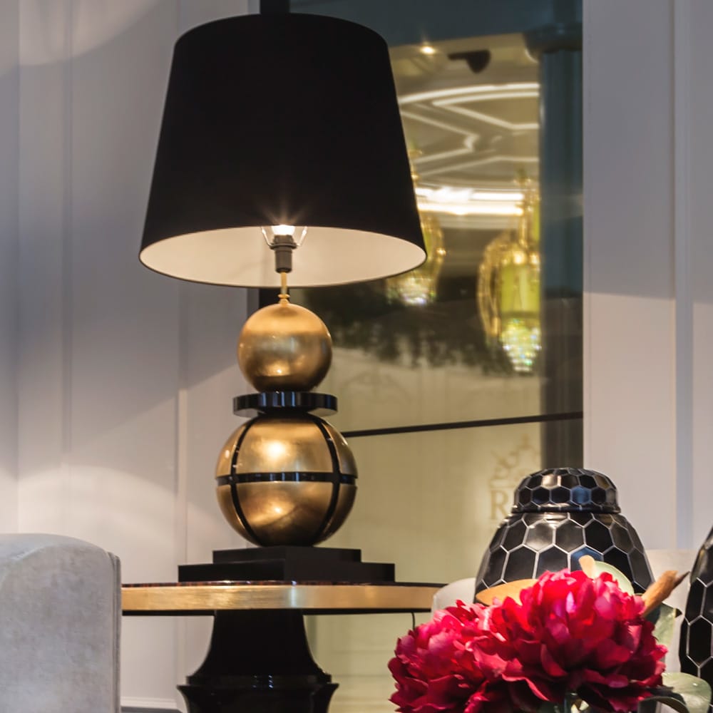 Luxurious Large Black Lacquered And Gold Leaf Orbs Table Light, Bedside Table Lamp, Height 60 cm