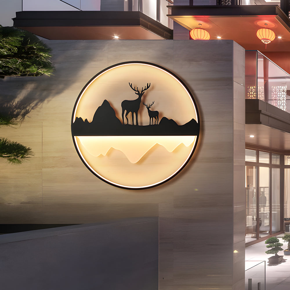 Circular Mountain Scenery Silhouette Dimmable with Remote Exterior Wall Fixtures, Outdoor Wall Light, Iron, 19.7"