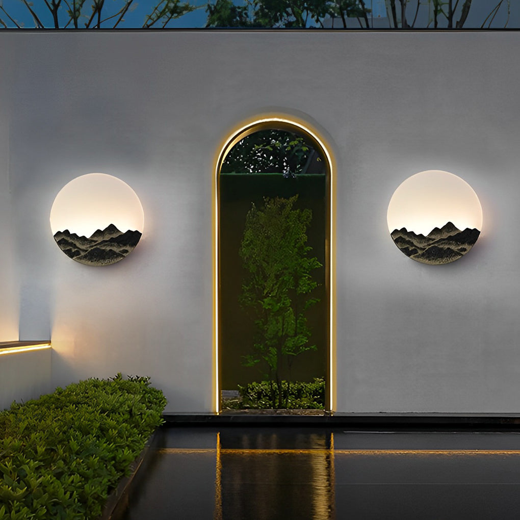 Circular Creative Mountain Scenery LED Waterproof Contemporary Exterior Wall Light, Outdoor Wall Light, Stainless Steel, Dia 17in