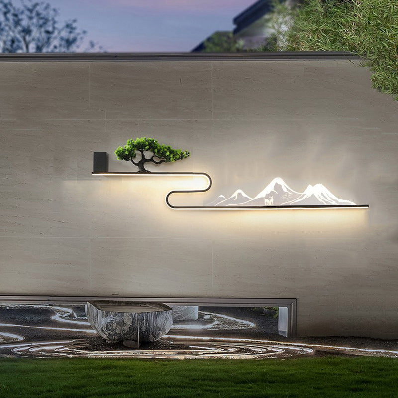 Mountain Scenery Waterproof LED Contemporary Exterior Wall Fixtures with External Battery, Outdoor Wall Light, Aluminum, 47.2"