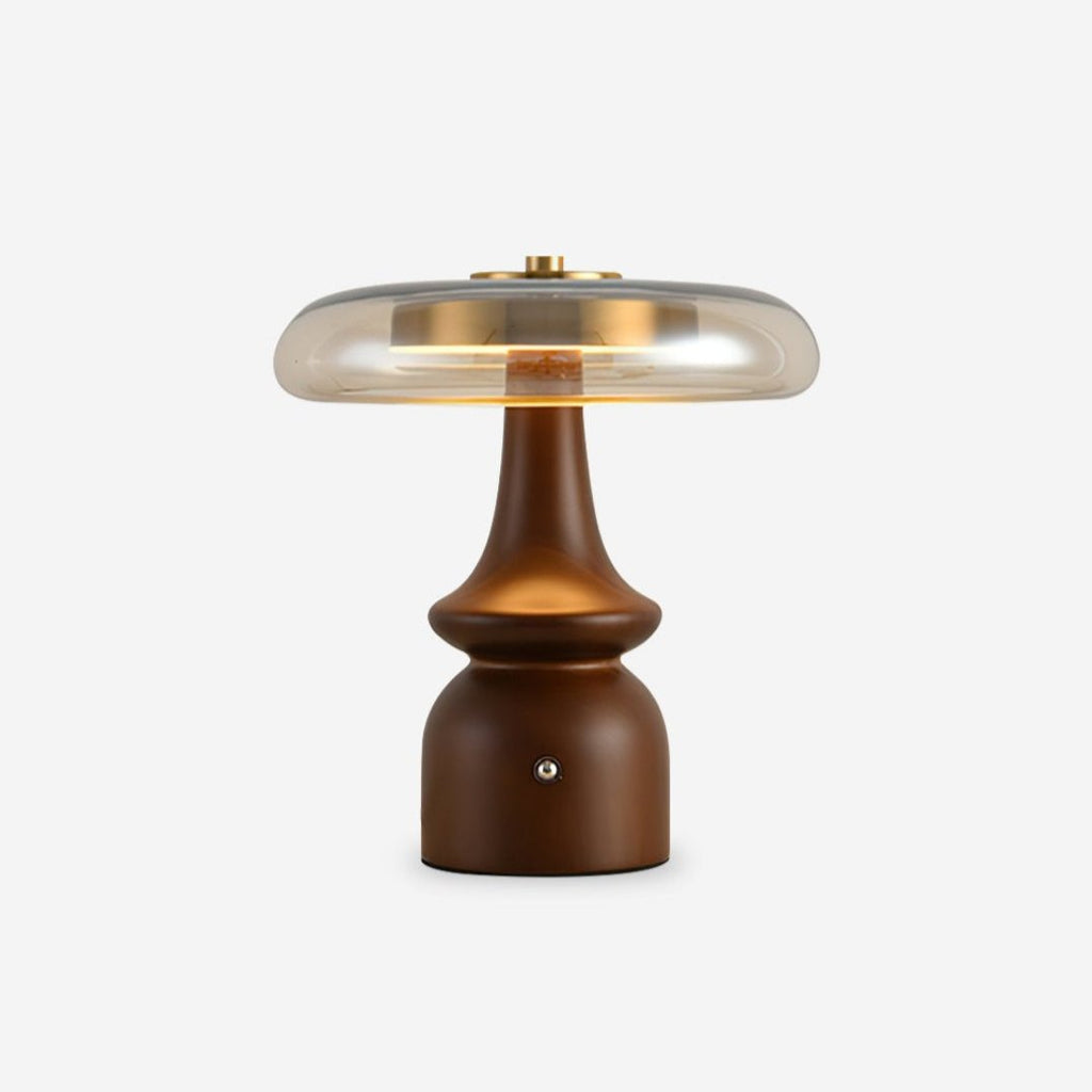 Nova Table Lamp with walnut wood base and amber glass shade