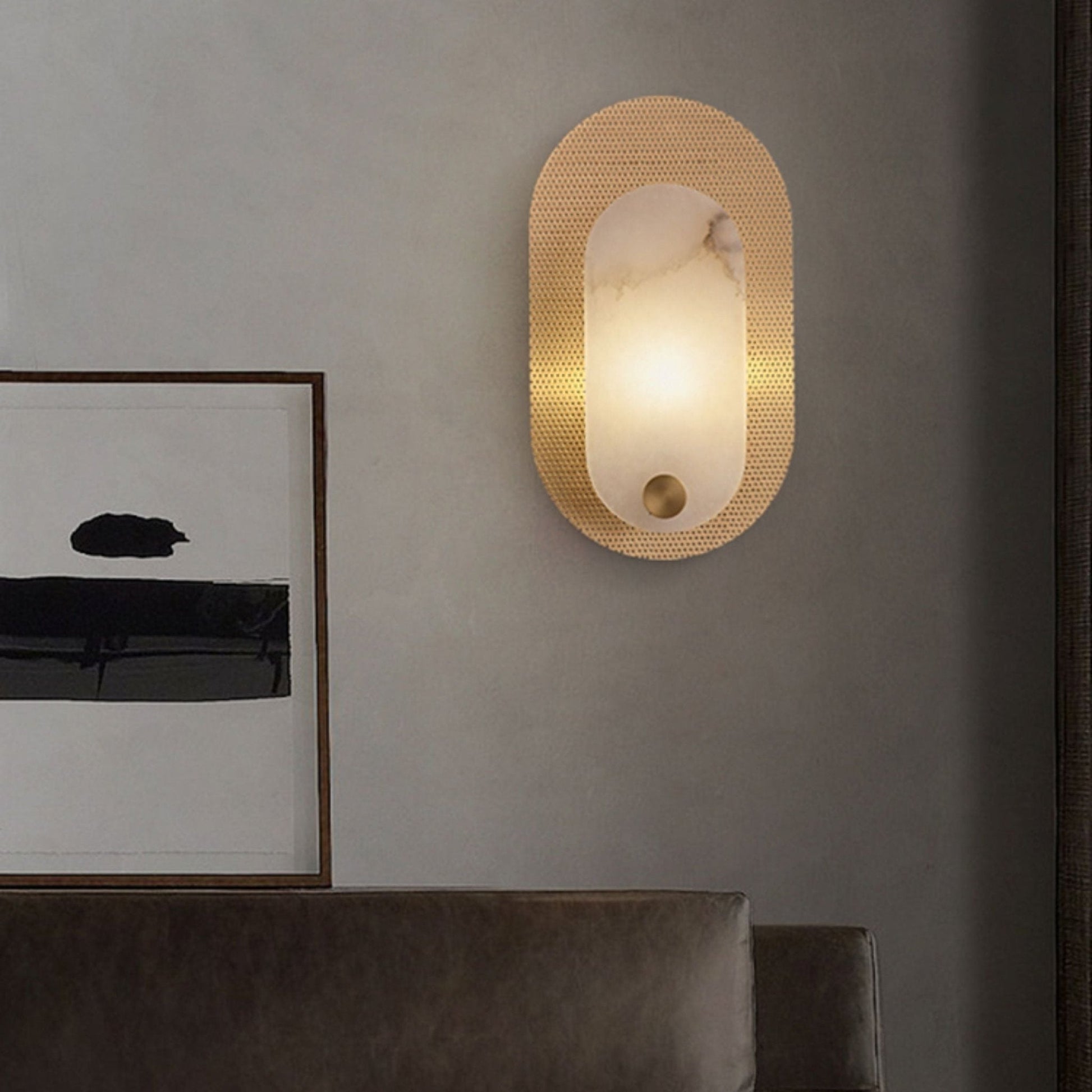 Perforated Oval Alabaster Wall Light - Dia 18cm x H 32.5cm Metal, Hardwired Wall Sconce, detail 3