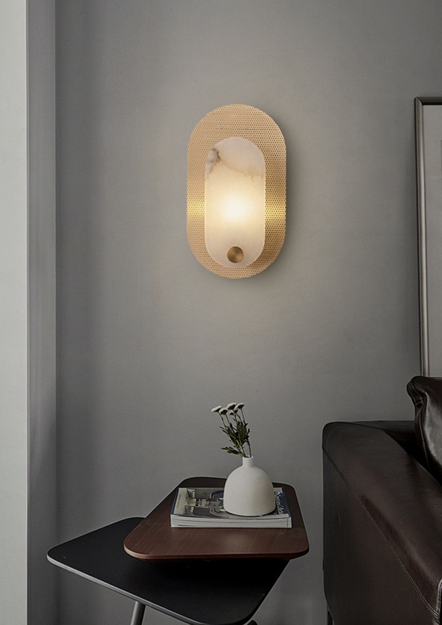 Perforated Oval Alabaster Wall Light - Dia 18cm x H 32.5cm Metal, Hardwired Wall Sconce, detail 4