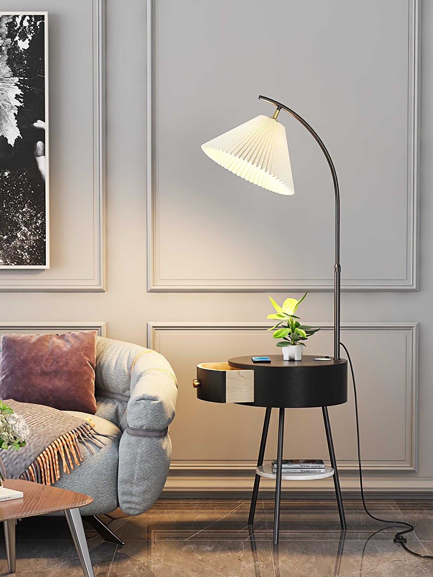 Pleated Arc Reading Lamp Standing Light, Bedside Table Lamp, detail 25