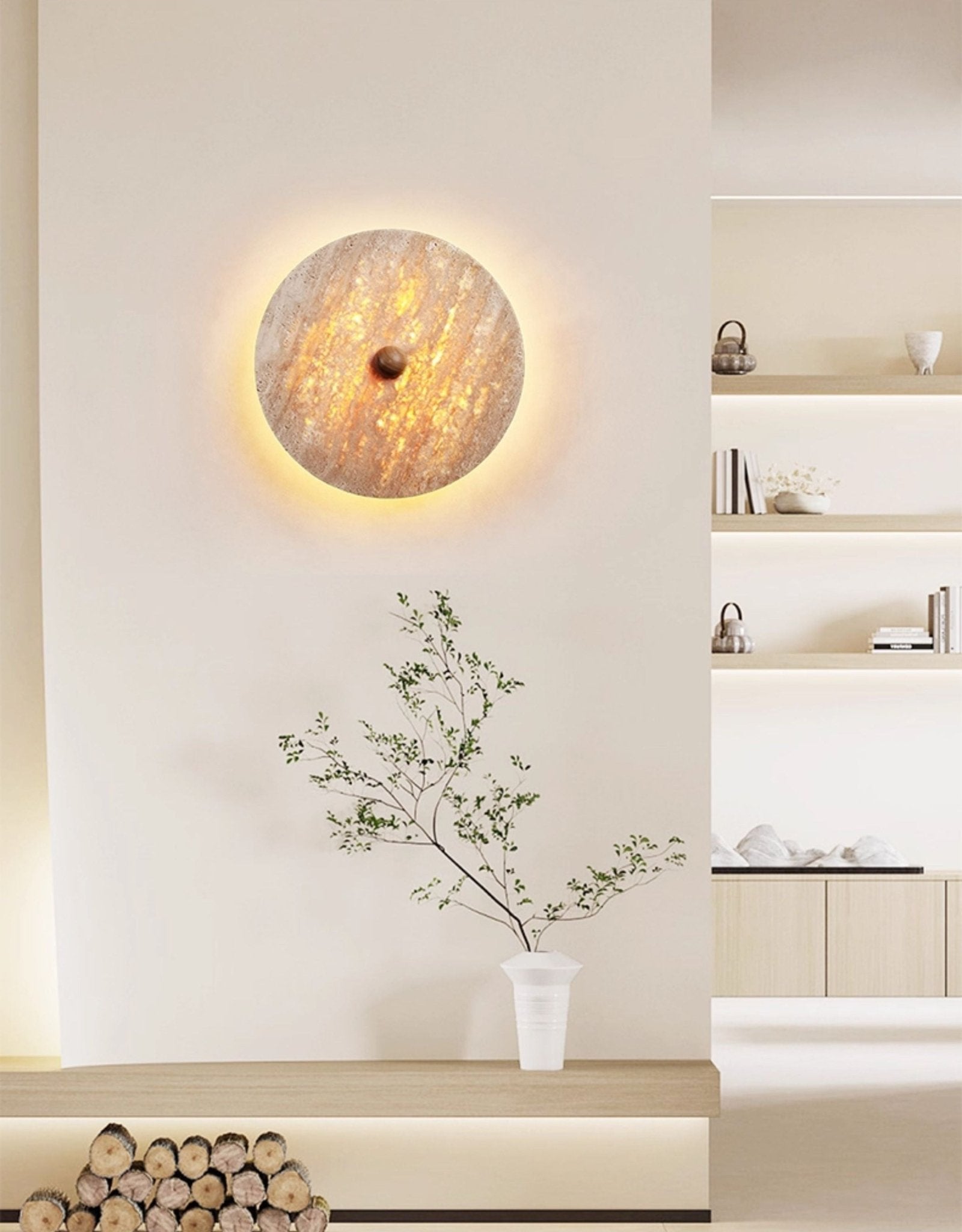 Circular Travertine Disk Wall Light, Hardwired Wall Sconce, detail 5
