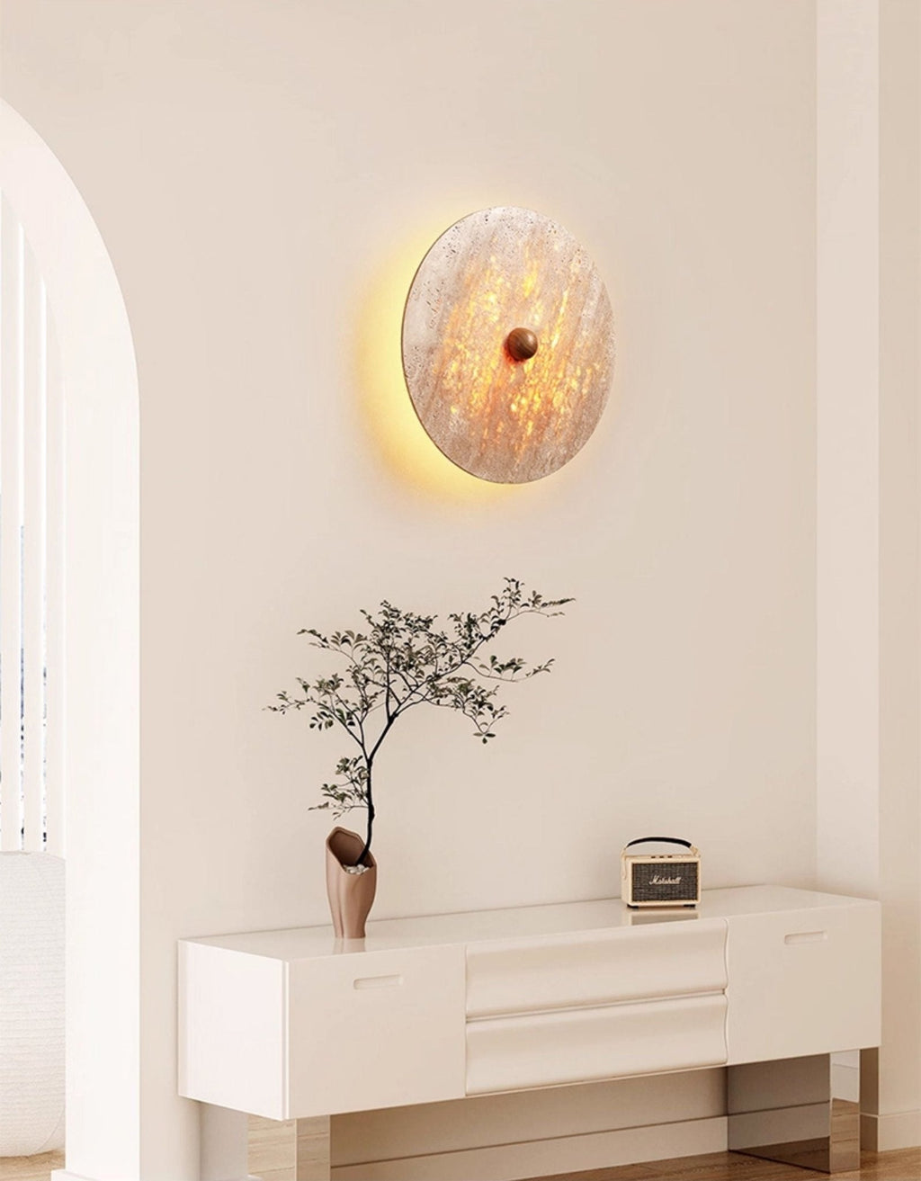 Circular Travertine Disk Wall Light, Hardwired Wall Sconce, detail 6