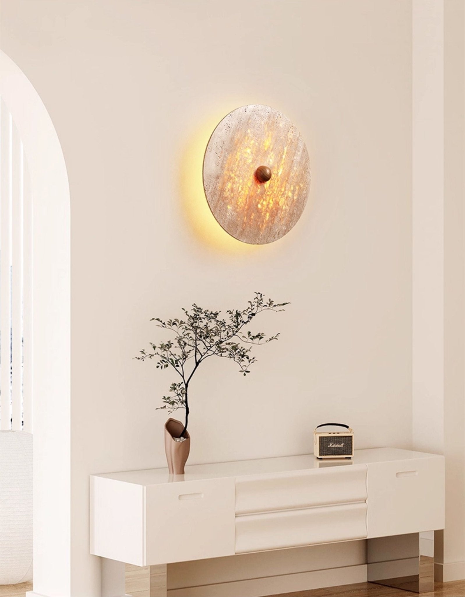 Circular Travertine Disk Wall Light, Hardwired Wall Sconce, detail 6
