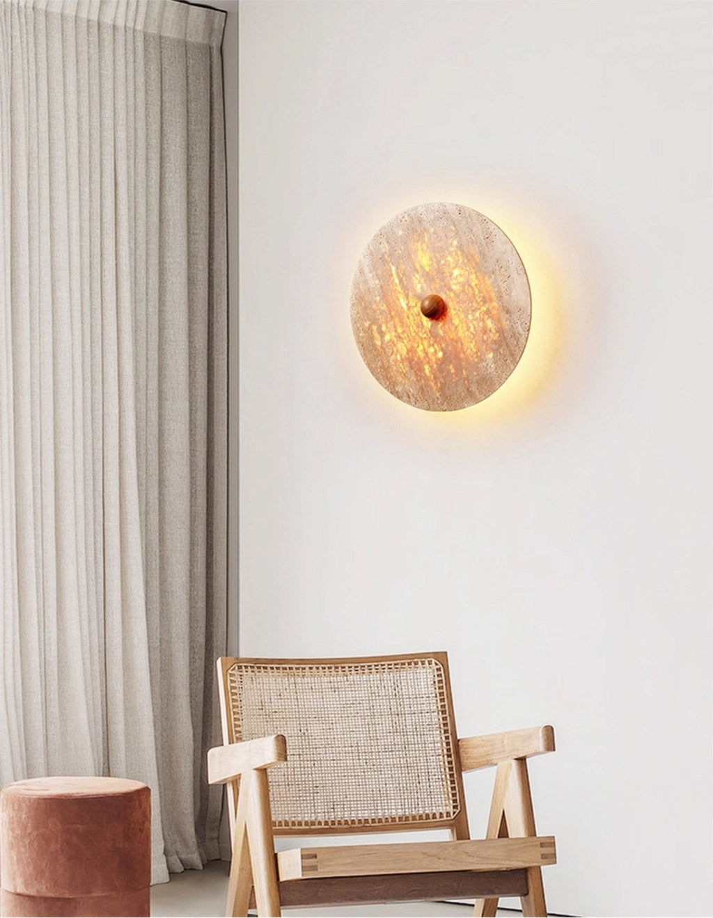 Circular Travertine Disk Wall Light, Hardwired Wall Sconce, detail 3