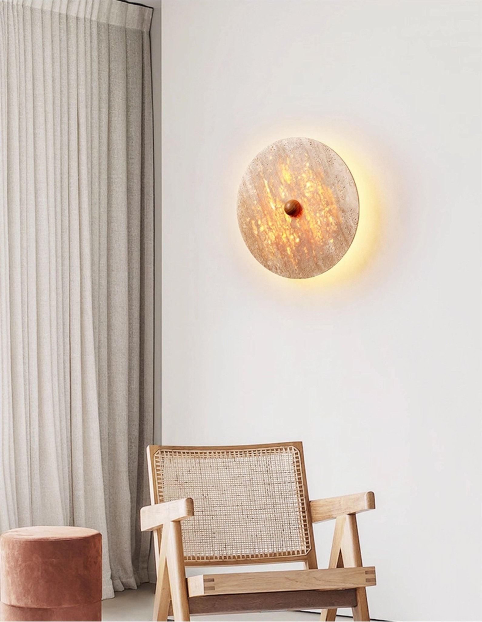 Circular Travertine Disk Wall Light, Hardwired Wall Sconce, detail 3