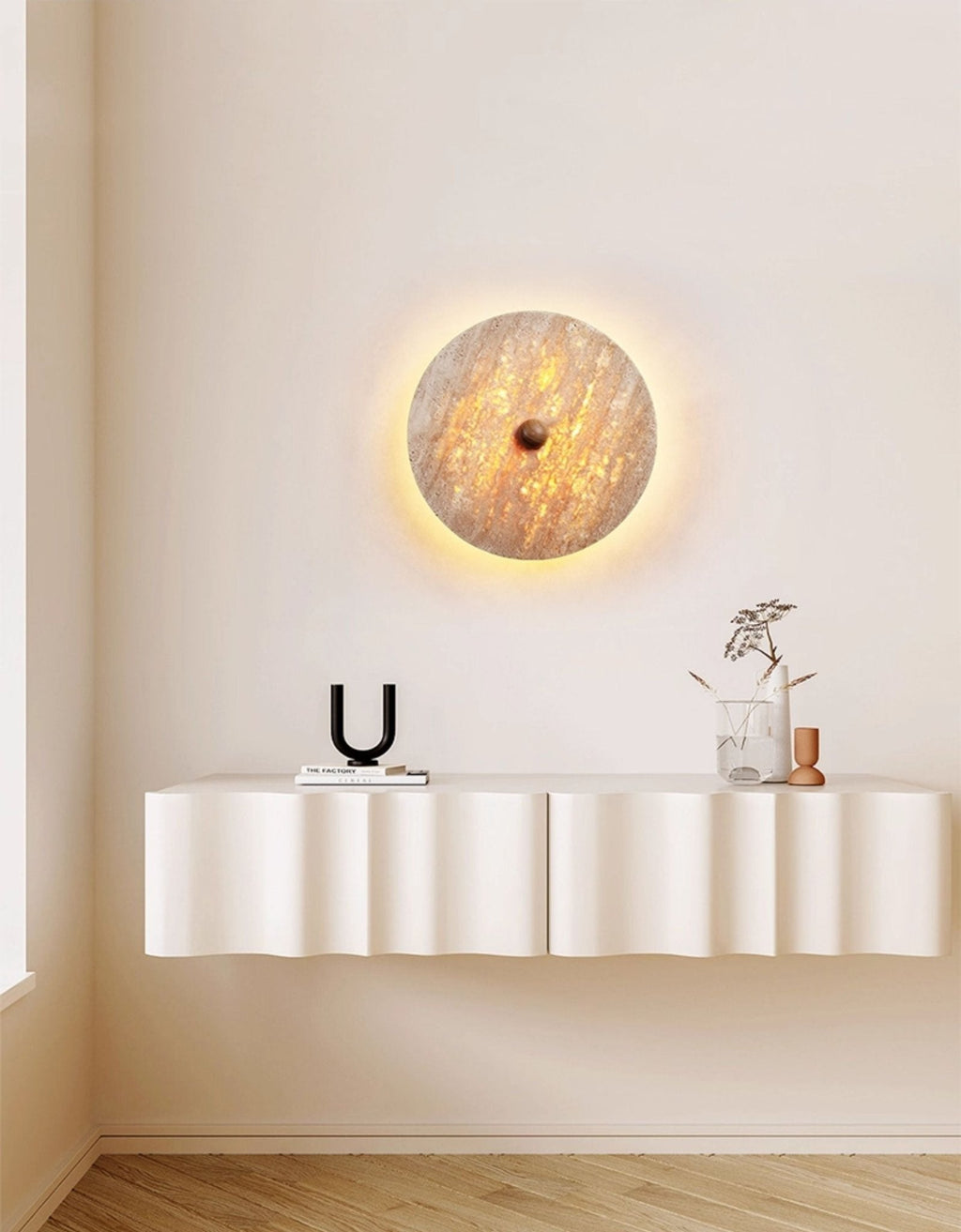 Circular Travertine Disk Wall Light, Hardwired Wall Sconce, detail 2