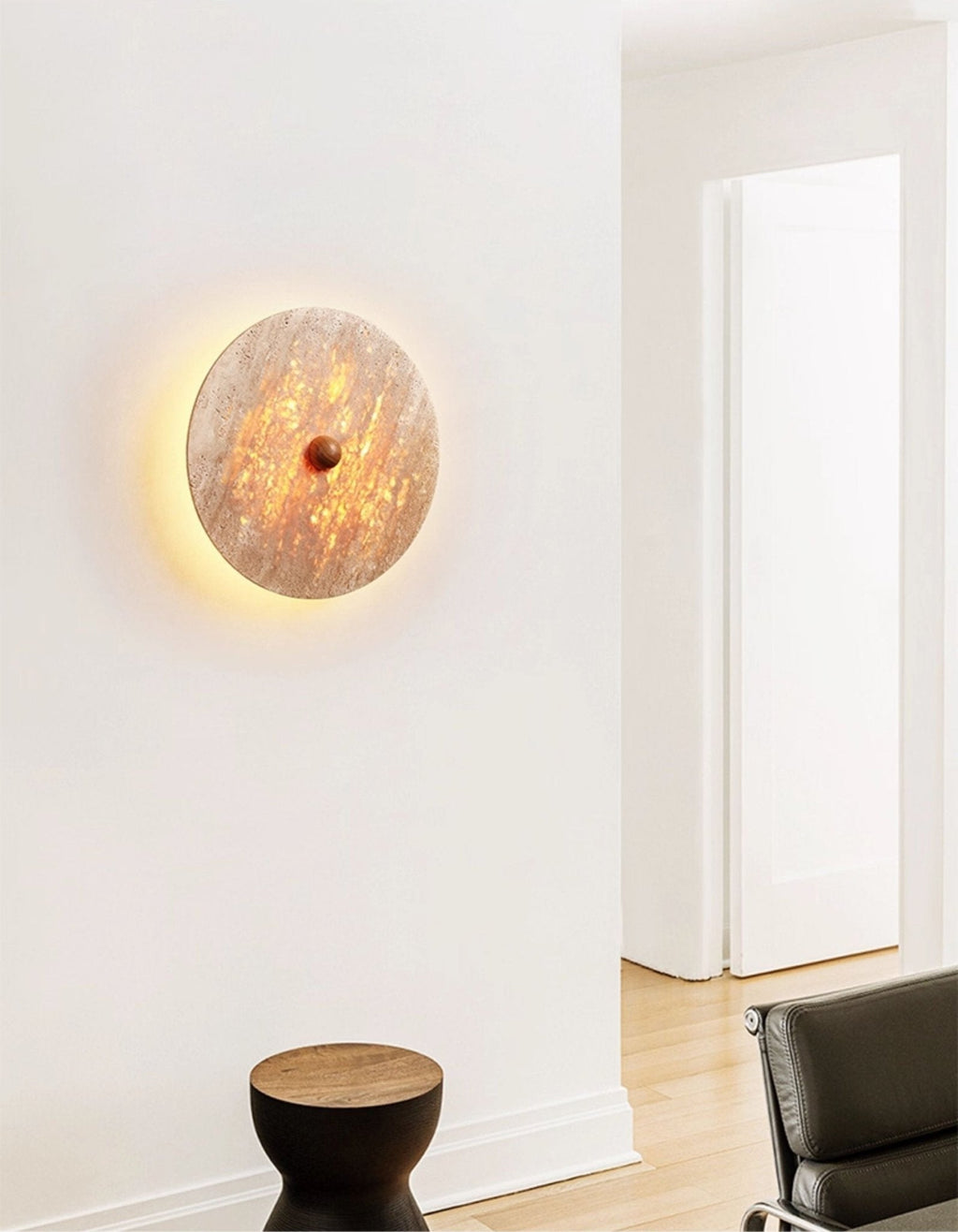 Circular Travertine Disk Wall Light, Hardwired Wall Sconce, detail 4