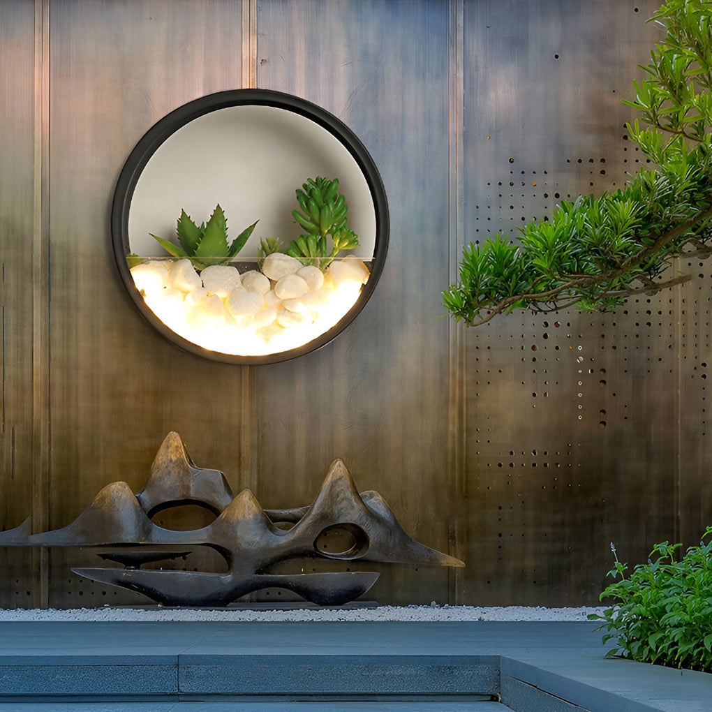 Circular Small Artificial Plants Stones 18w LED Contemporary Exterior Wall Light, Outdoor Wall Light, Iron, 8"