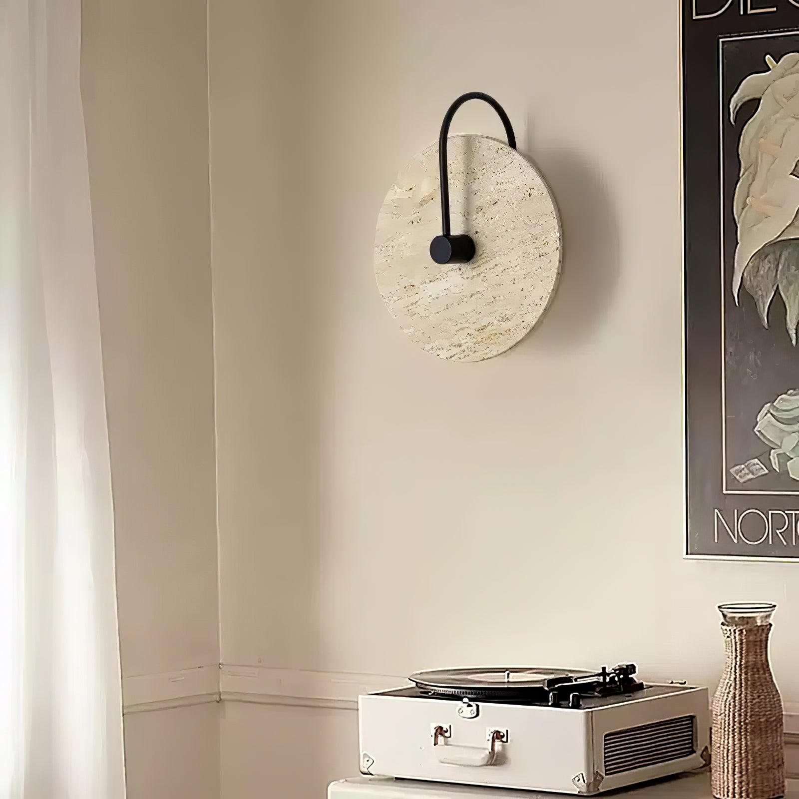Circular Travertine Wall Light, Hardwired Wall Sconce, detail 7